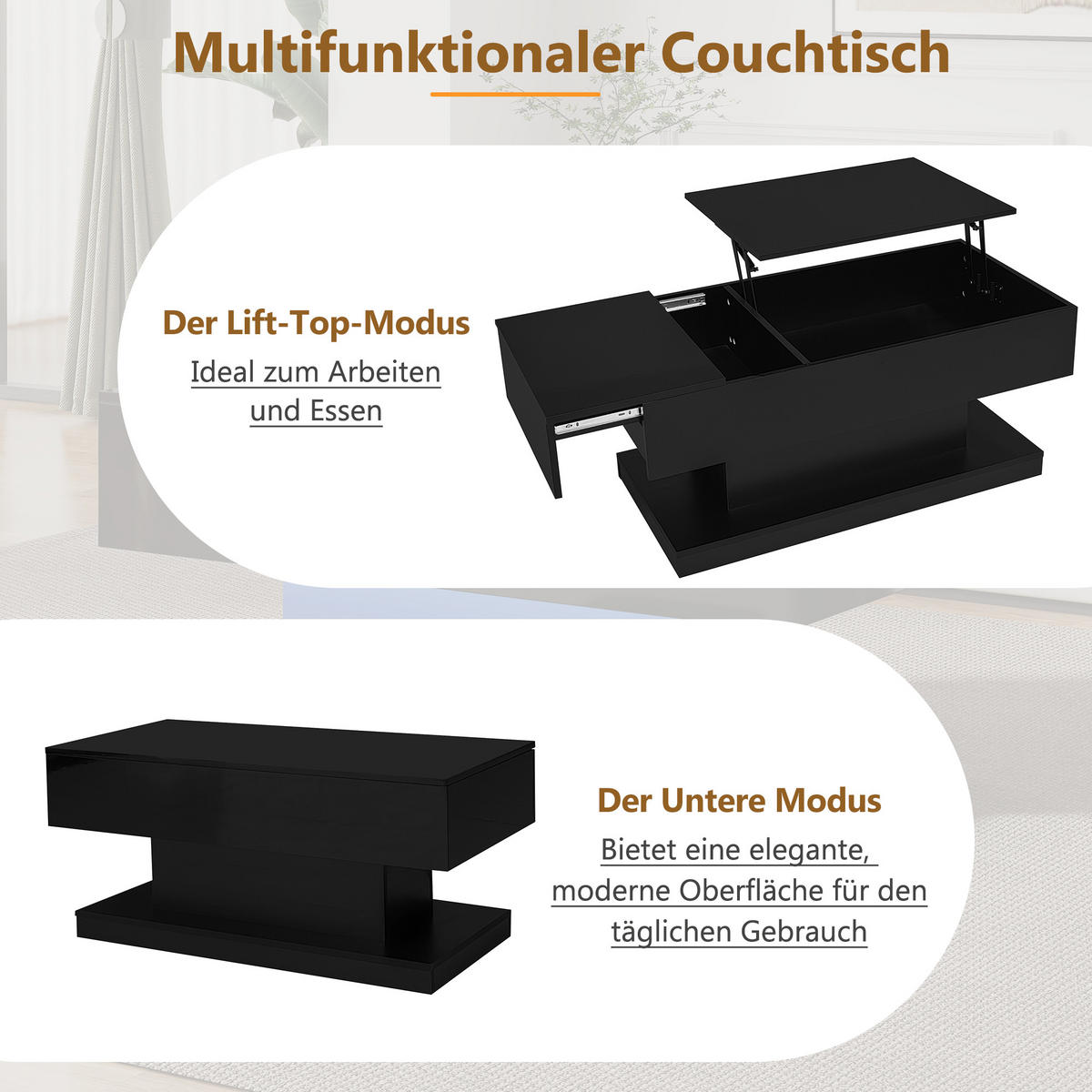 COUCHTISCH Hochglanz Schwarz mit LED Liftfunktion & Stauraum 100×50 cm - Schwarz, Holzwerkstoff (50/100/45cm) - Urban Meuble