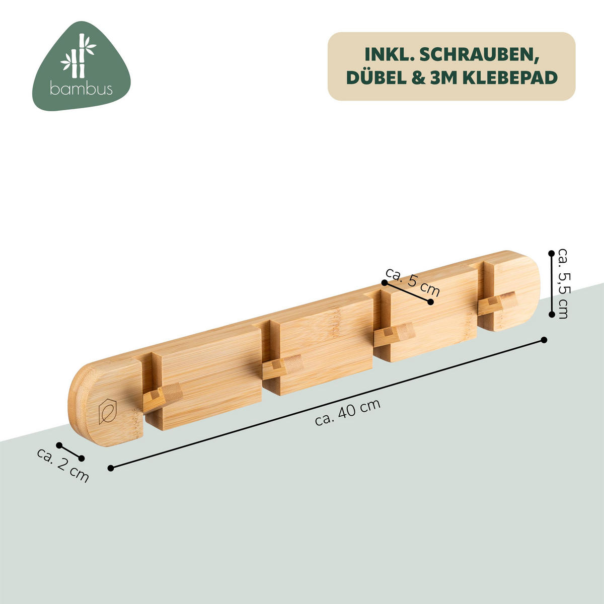HAKENLEISTE, Bambus - Braun, Holz (40/5.5/5cm) - eluno