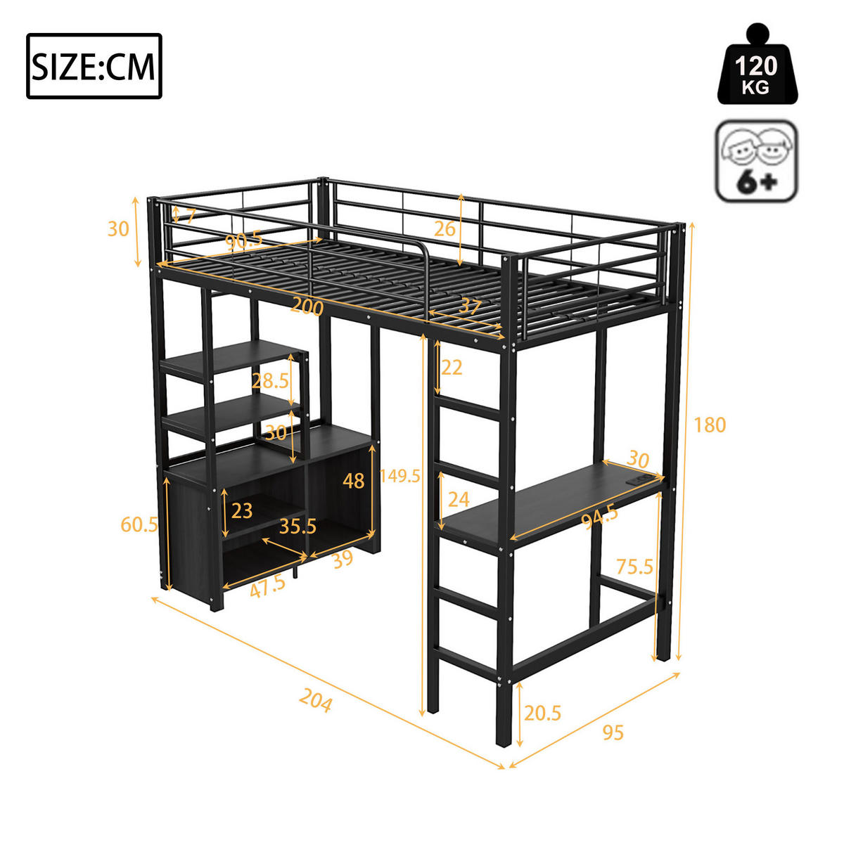HOCHBETT mit Schreibtisch 90/200 cm in Schwarz – mit Regalen, USB und Rausfallschutz - Schwarz, Metall (90/200cm) - BEAOK