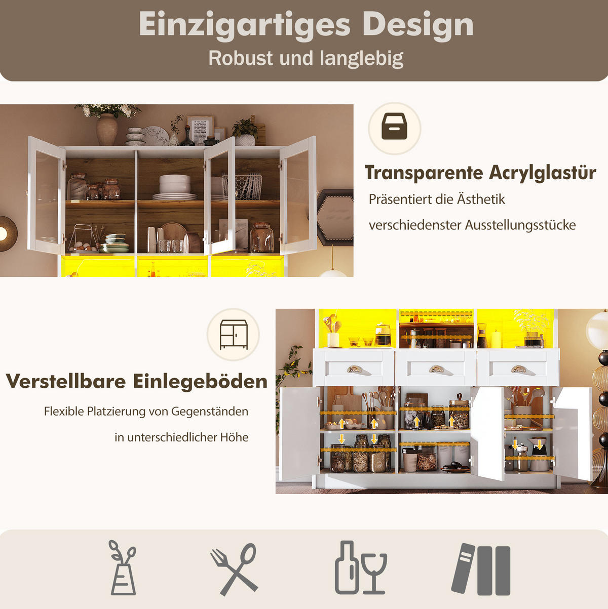 BUFFET 140/175/40 cm Weiß aus MDF mit LED-Beleuchtung - Weiß, Holzwerkstoff (40/175/140cm) - OKMYHOME