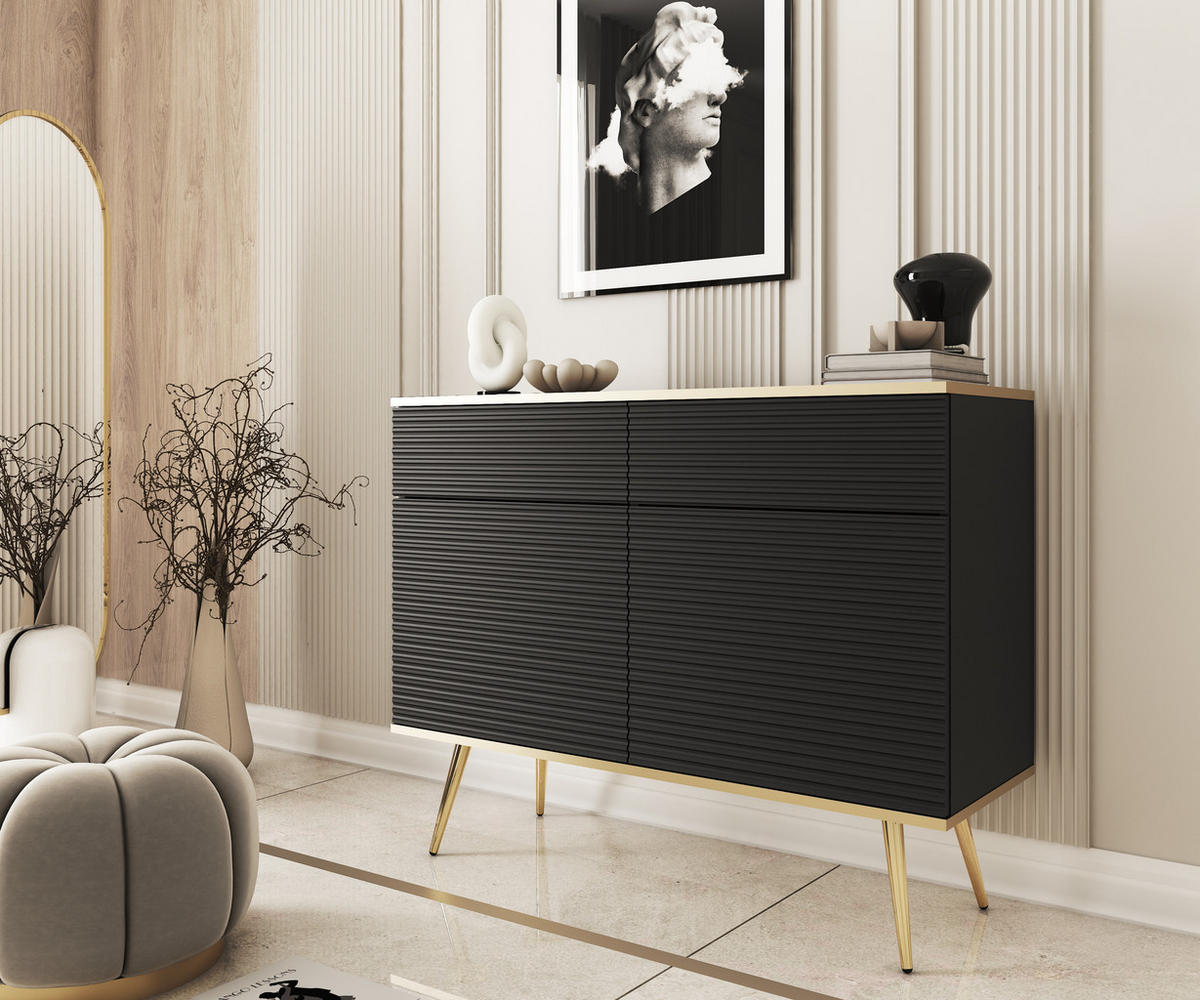 SIDEBOARD BANFF KOM3-2D2S Goldene Metallbeine, geriffelte Fronten, Schwarz - Schwarz, Holzwerkstoff/Kunststoff (107/85/39cm) - Komodee