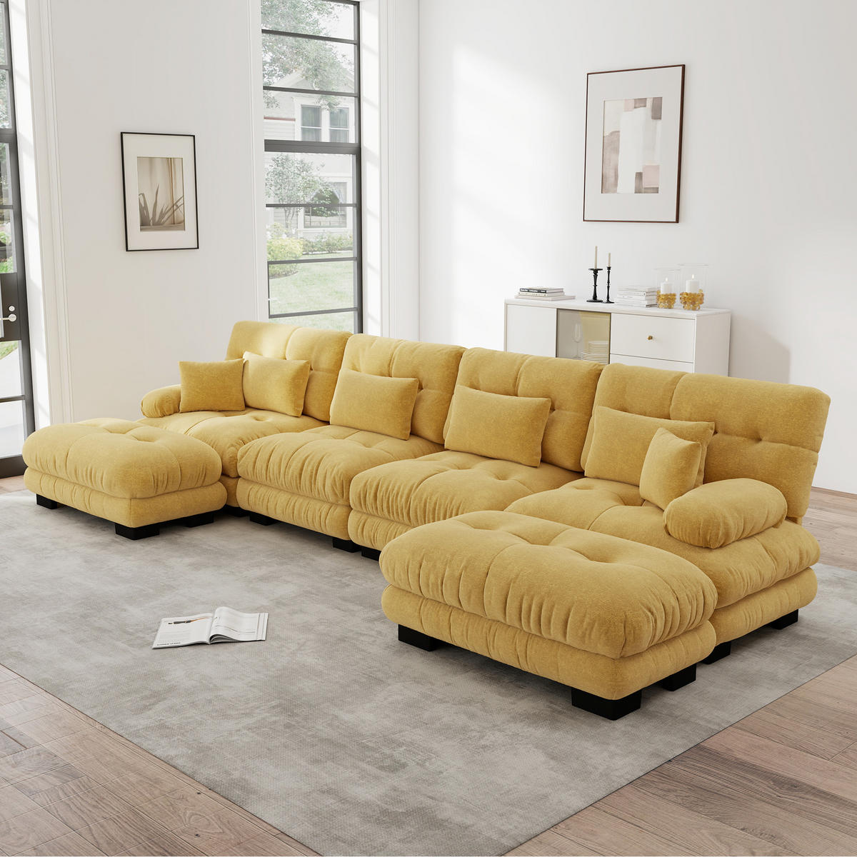 WOHNLANDSCHAFT Chenille Gelb mit Ottomane - Gelb, Textil (406/81/145cm) - WISHDOR