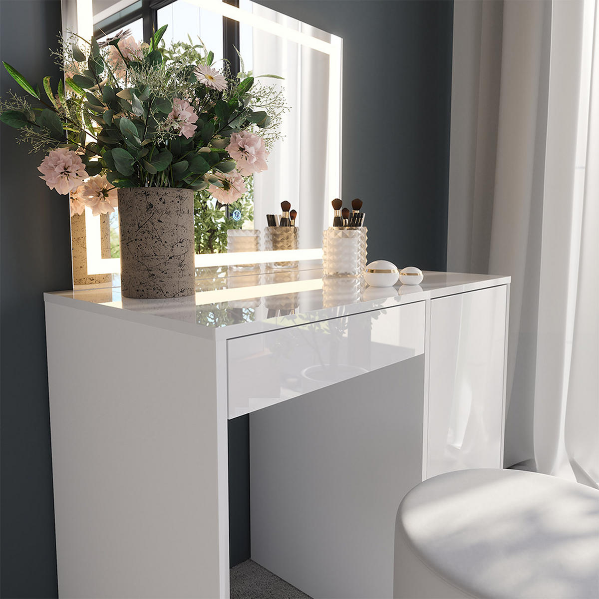 SCHMINKTISCH Sherry Weiß/Weiß Hochglanz 89.8 cm mit LED-Spiegel und Hocker - Weiß Hochglanz, Holzwerkstoff (89.8/76/50.1cm) - Vicco