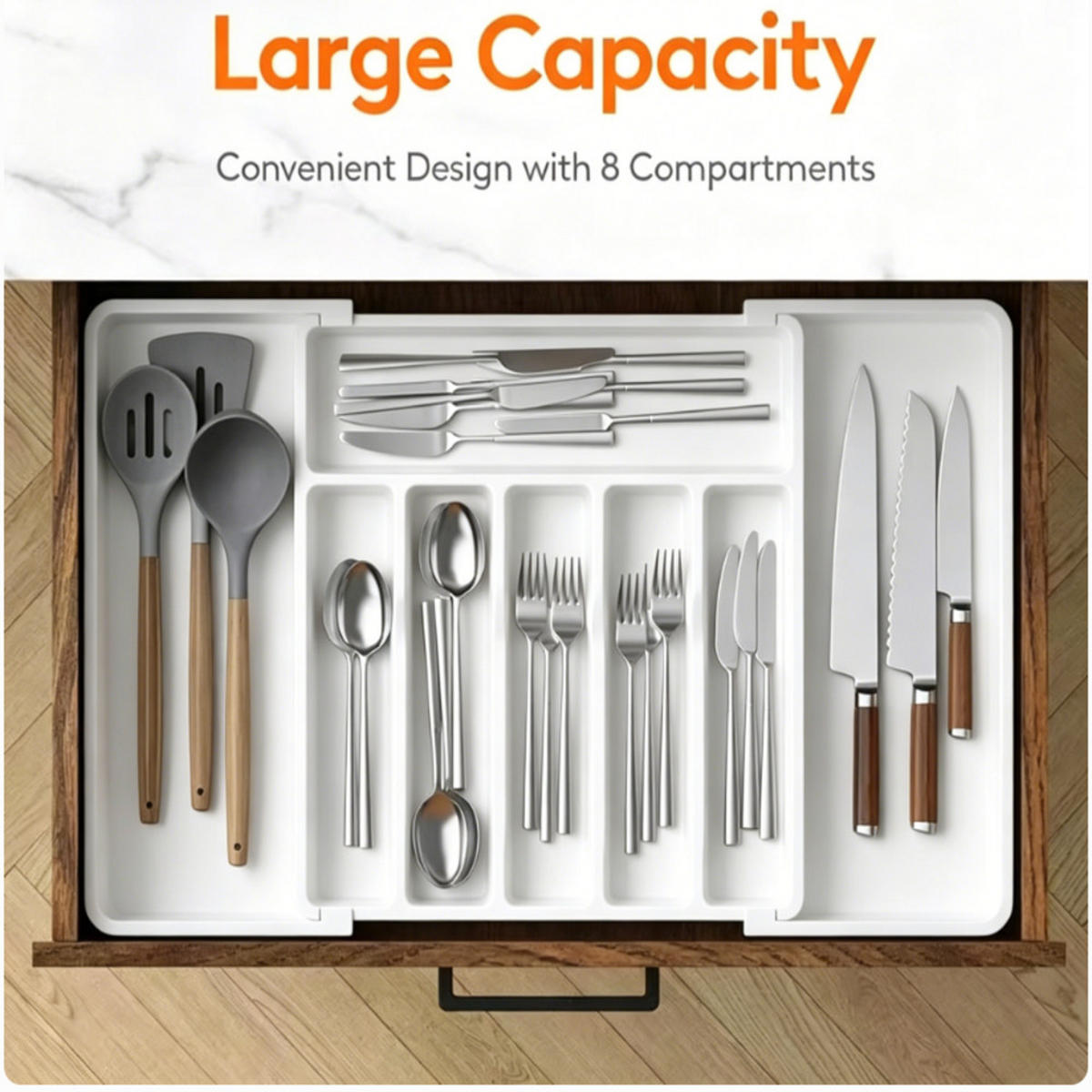 BESTECKORGANIZER,AUSZIEHBAR & verstellbar,Weiß, PP-Material,(33–57)cm × 38 cm - Weiß, Kunststoff (38/5/33cm) - Authentics