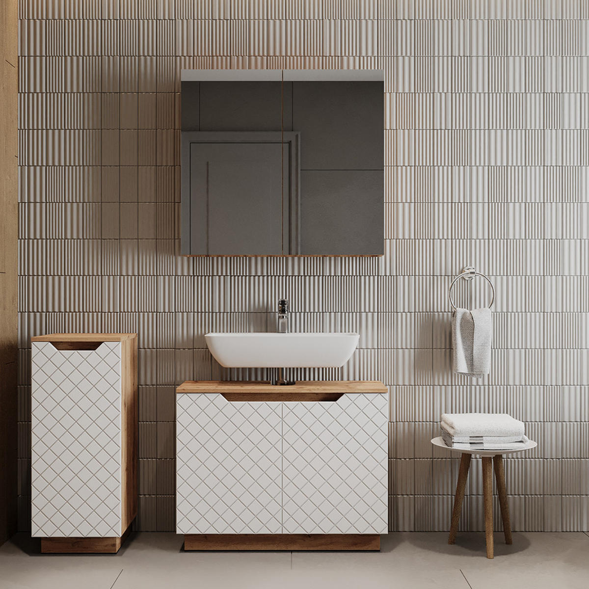 KOUPELNOVÝ NÁBYTEK Lotta Dub/bílá se strukturou dlaždic - bílá/barva dubu, kompozitní dřevo (79.6/62.1/32cm) - Vicco