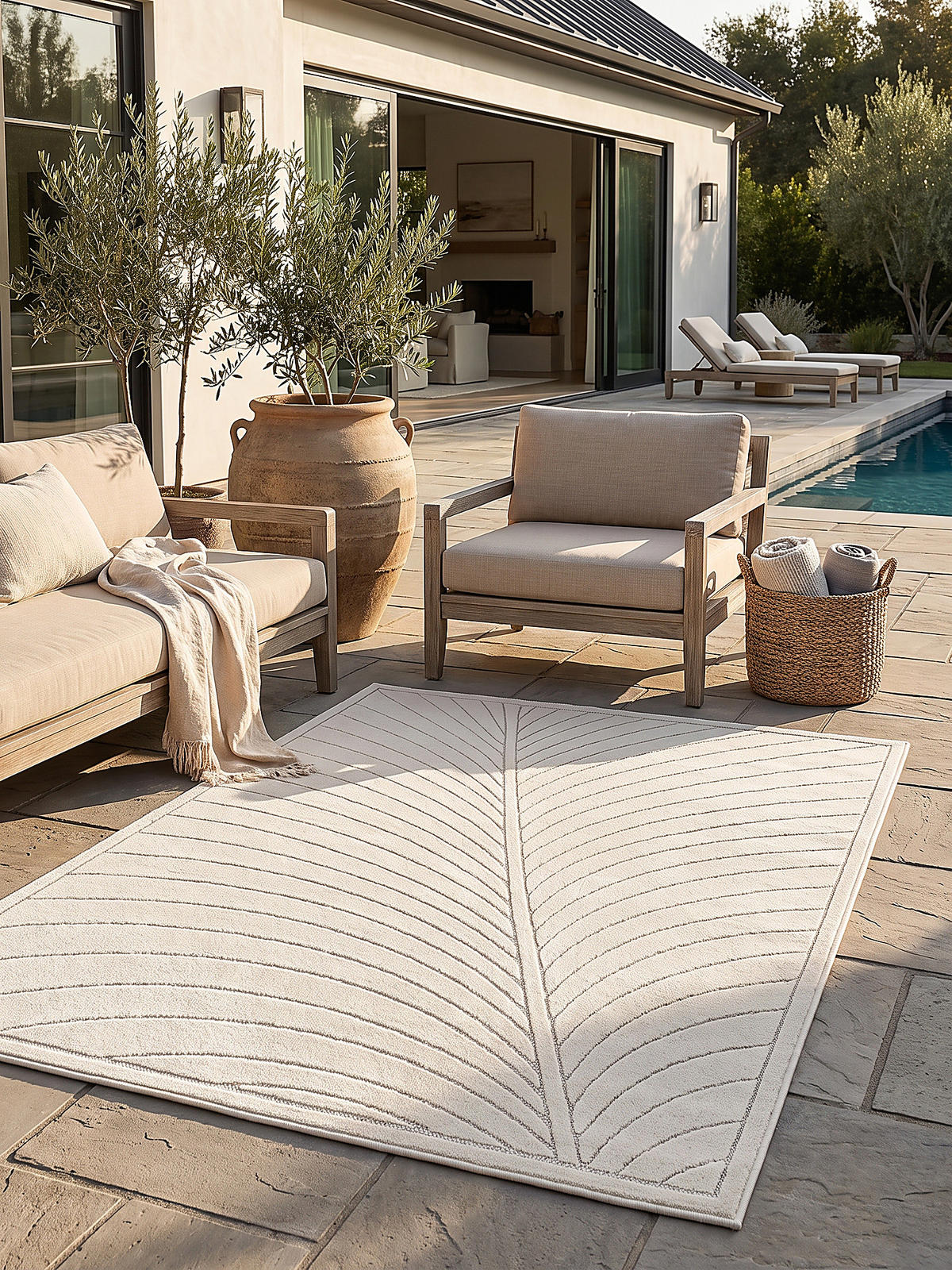 TEPPICH Outdoor, Fußbodenheizung-geeignet, mit Blattmotiv, aus Polypropylen, ENGADIN in Creme, 120 x 170 cm - Beige, Textil (120/170cm) - KADIMA DESIGN