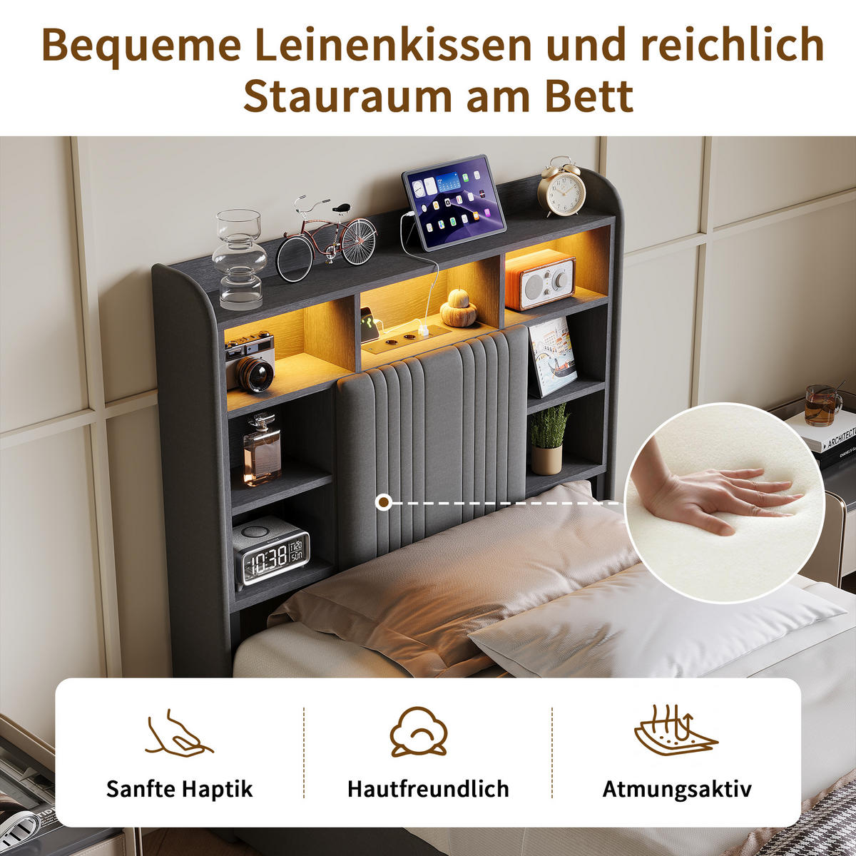 POLSTERBETT 90/200 cm Grau mit 2 Schubladen, LED-Kopfteil mit Ablage und USB - Grau, Metall (90/200cm) - EuroLiving