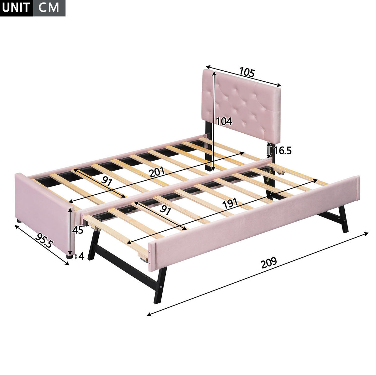 POLSTERBETT 90/200 cm Rosa aus Samt mit Rollbett - Rosa, Textil (90/200cm) - OKMYHOME