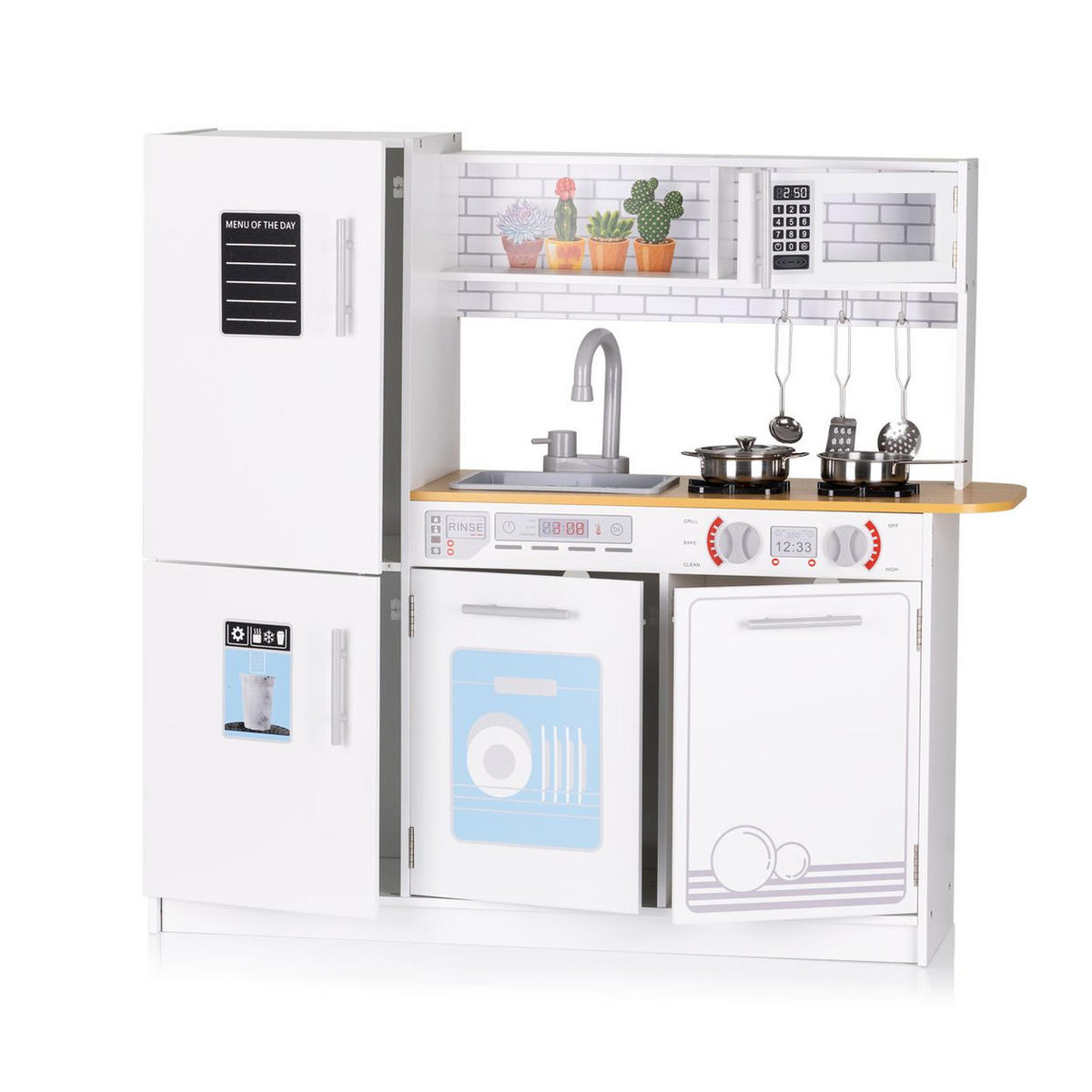 SPIELKÜCHE 80 cm weiß Holz, LED-Licht, Metalltöpfe, Waschmaschine, Mikrowelle, Spüle - Weiß, Holz (86/24/80cm) - Chipolino