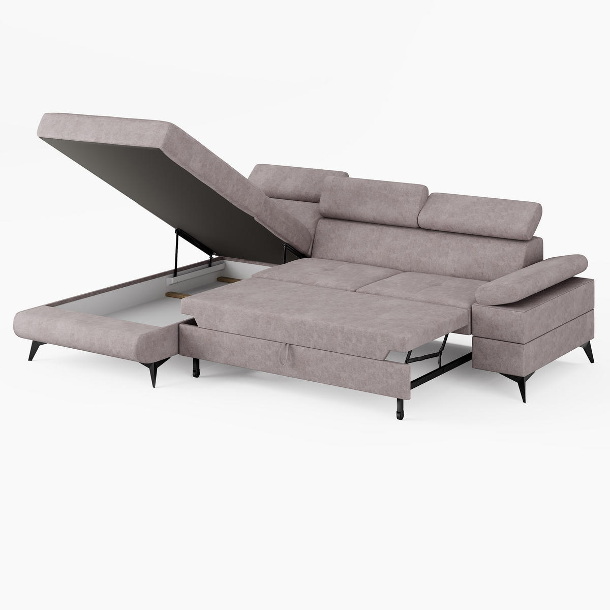 ECKSOFA VENTO Links Schwarz Velours Premium L-Form Couch mit Schlaffunktion & Bettkasten - Schwarz, Holz (190/261cm) - Barchello