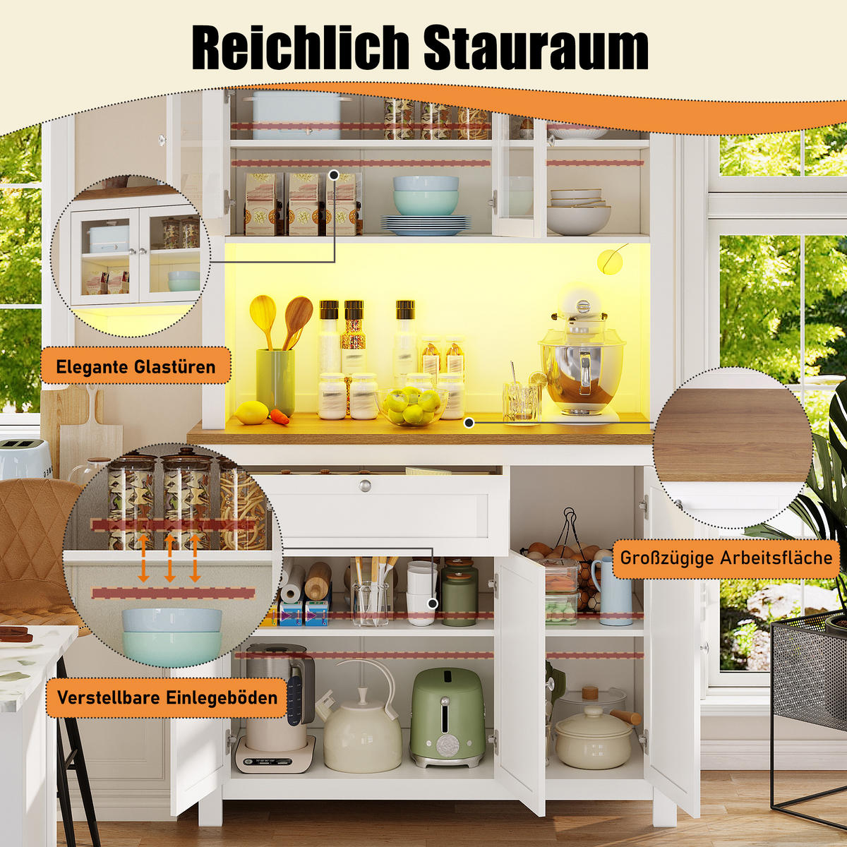KÜCHENSCHRANK in Weiß Buffetschrank mit LED-Beleuchtung und verstellbaren Ablagen für Küche, B104/T40/H180 cm - Weiß, Glas/Holzwerkstoff (104/180/40cm) - STILVORA