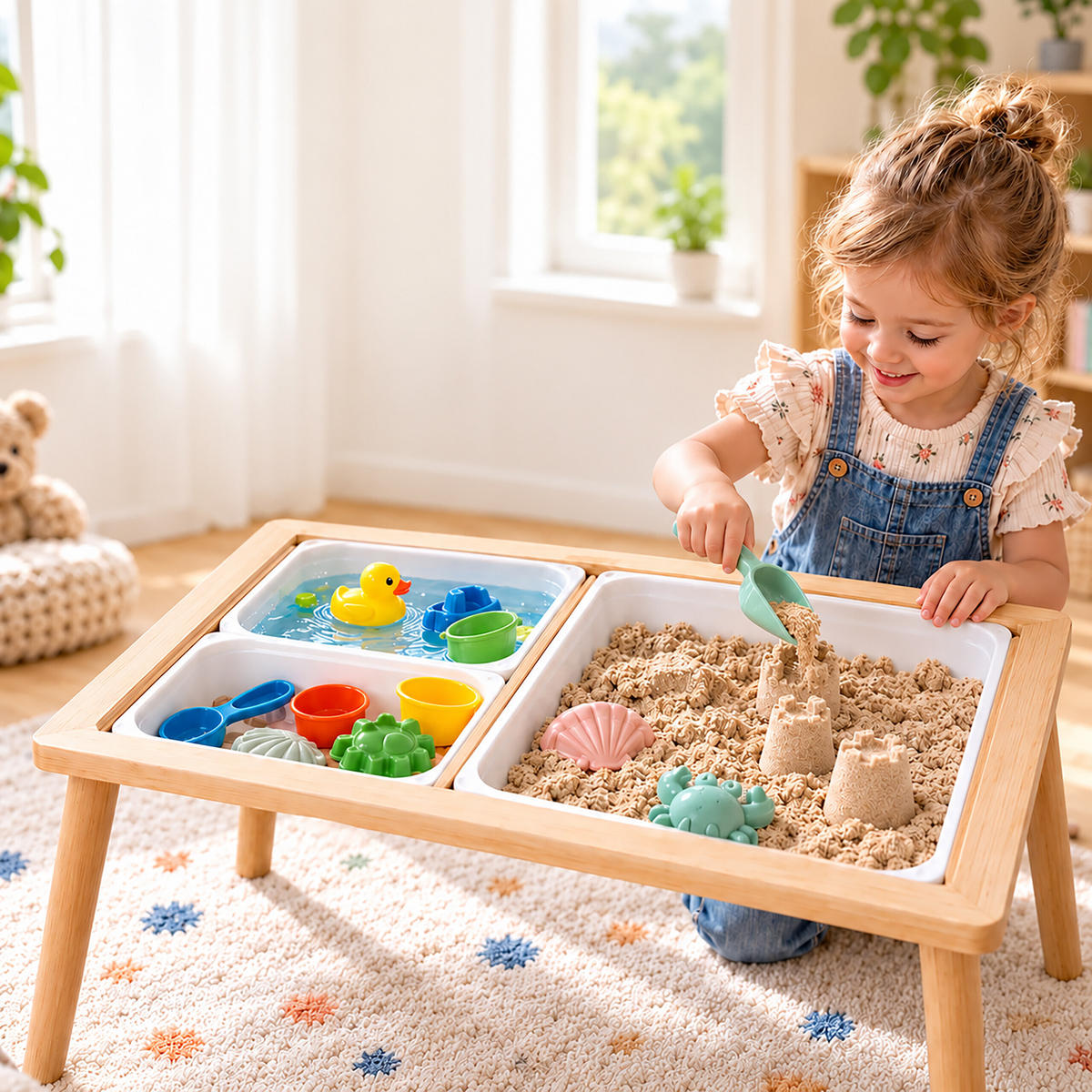 BARNBORD Natur Vit 3-i-1 med förvaring 73x53 cm - Multicolor, Trä/Plast (73/50/53cm) - Relaxdays