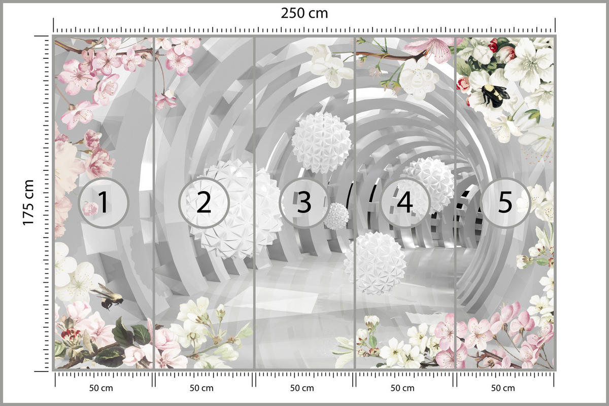 FOTOTAPETE für Wohnzimmer Tunnel mit BLUMEN KUGELN Floral Perspektive 250x175 - Rosa/Weiß, Papier (250/175cm) - Muralo