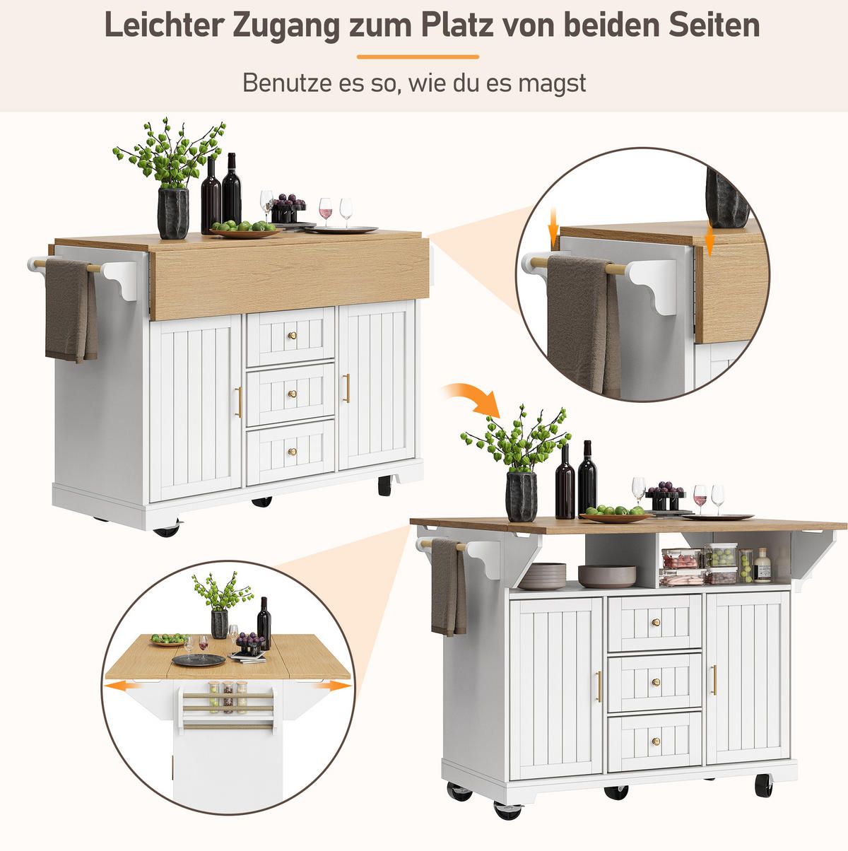 KÜCHENINSEL 120/40/95 cm Weiß aus MDF und Metall mit klappbarer Tischplatte - Weiß, Holzwerkstoff (40/95/120cm) - OKMYHOME