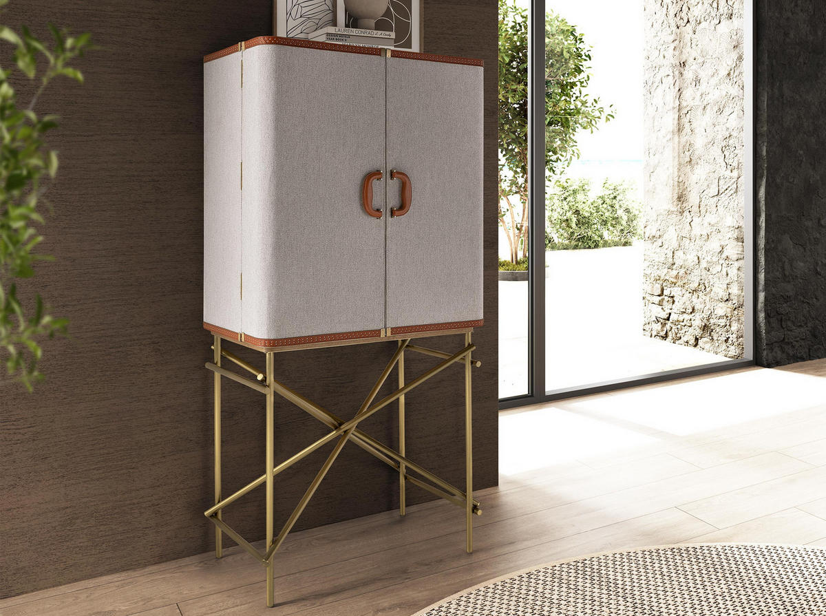 HIGHBOARD Großes Sideboard, Stoff, Nussbaum und goldfarbener polierter Stahl 82/53/169 cm - Hellgrau, Holzwerkstoff/Metall (82/169/53cm) - ANGEL CERDA
