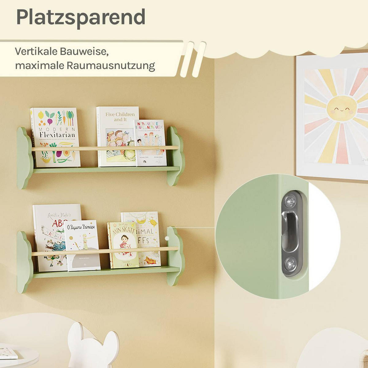 KINDER-WANDREGAL 3er Set, Kiefernholz, 65 x 12,7 x 23cm, Grün - Grün, Holz/Holzwerkstoff (65/23/12.7cm) - Woltu