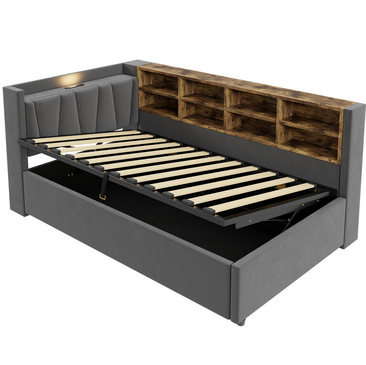 POLSTERBETT aus Samt 90x200 cm Grau mit hydraulischem Bettkasten, Nachtlicht und USB-/Typ-C-Anschluss - Grau, Textil (90/200cm) - Modfu