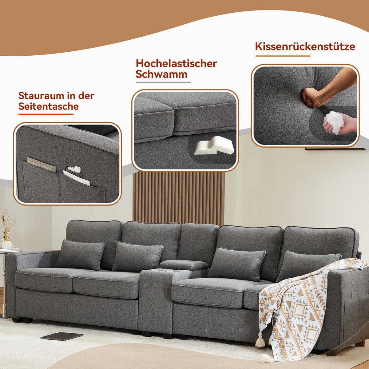 SOFA 4-Sitzer Leinenstoff Konsole 2 USB & Getränkehalter 4 Kissen Dunkelgrau - Grau, Holz (83/88/290cm) - FLIEKS