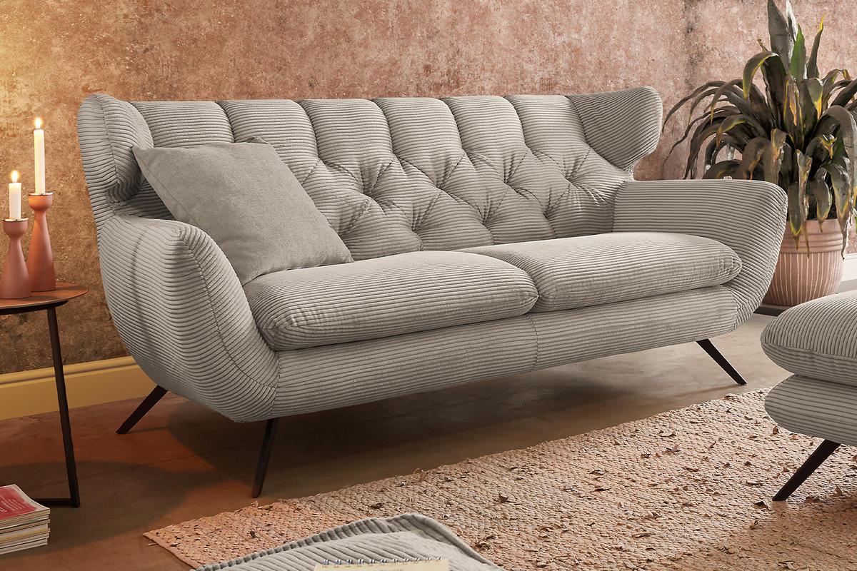 SITZGRUPPE CHARME Granit Cord - Greige/Schwarz, Textil/Metall (175/94/95cm) - KAWOLA