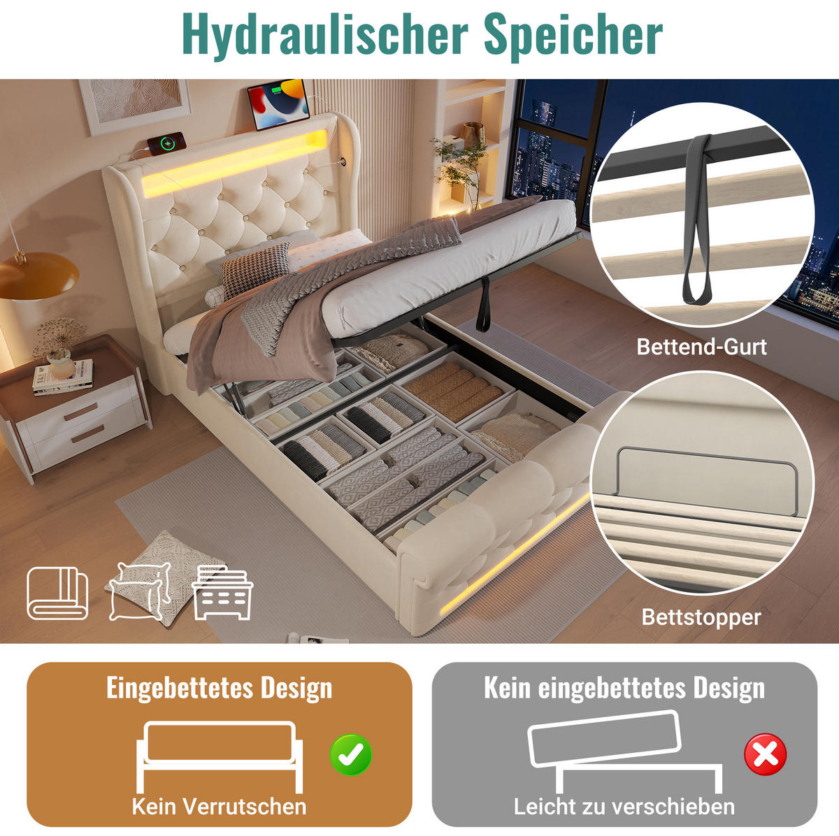 POLSTERBETT 90/200 cm Beige aus Samt mit LED und Stauraum - Beige, Textil (90/200cm) - OKMYHOME