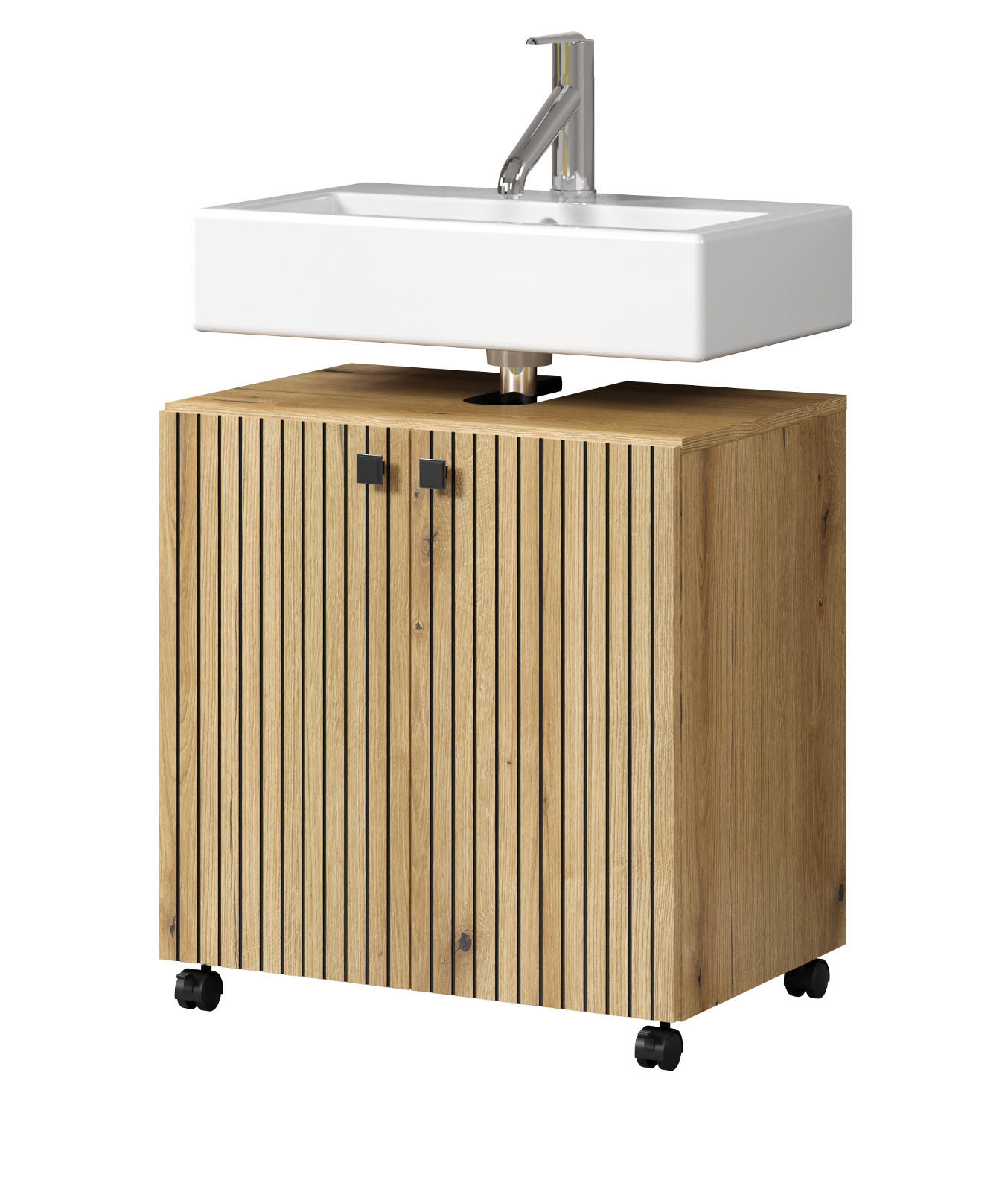 WASCHBECKENUNTERSCHRANK Evoke Eiche 60 cm, Badschrank auf Rollen - Eichefarben/Schwarz, Holzwerkstoff/Kunststoff (60/64/42cm) - Top.Furn