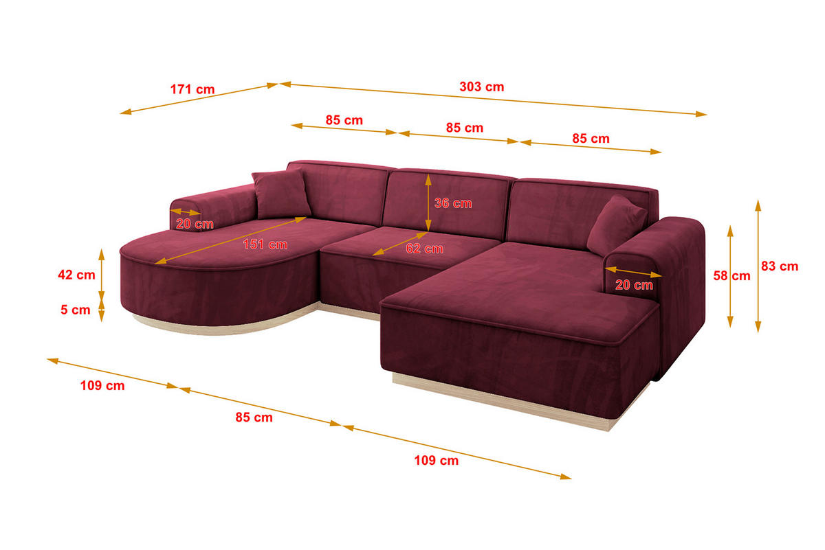 WOHNLANDSCHAFT ARRIO-U1 303x171x83 cm Bordeaux - Bordeaux, Holzwerkstoff/Textil (303/83/171cm) - ALTDECOR