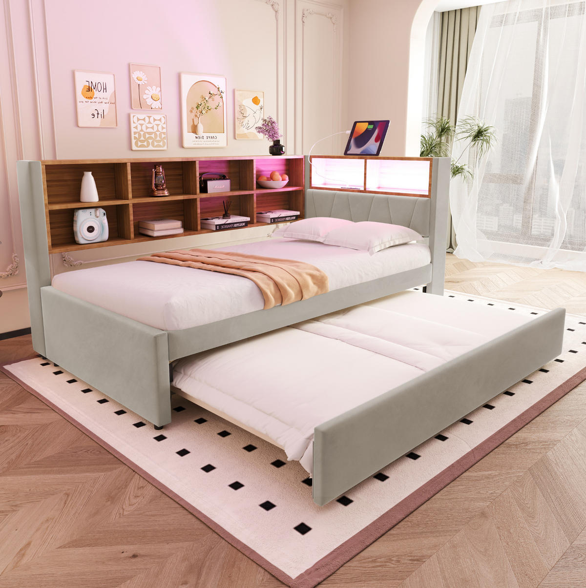 POHOVKA s lůžkem 90/200 cm světle šedá z flanelu s výsuvným lůžkem LED a USB - světle šedá, textil (90/200cm) - OKWISH