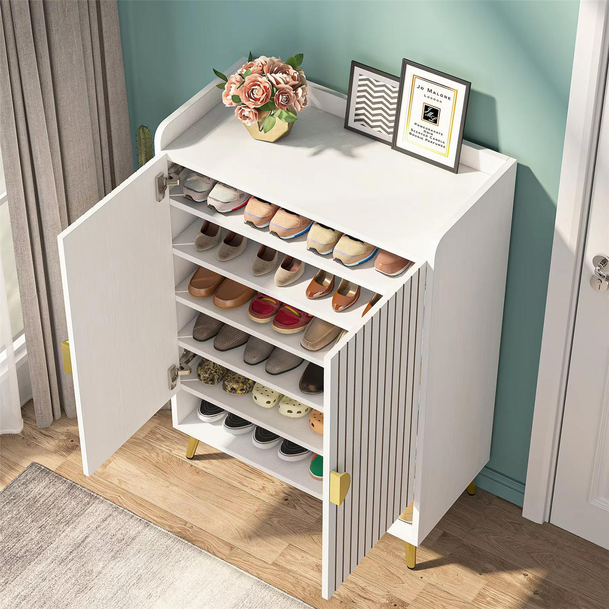 SCHUHSCHRANK 7 Ebenen mit Türen Holzoptik - Weiß, Holz (75/110/37cm) - Kaket