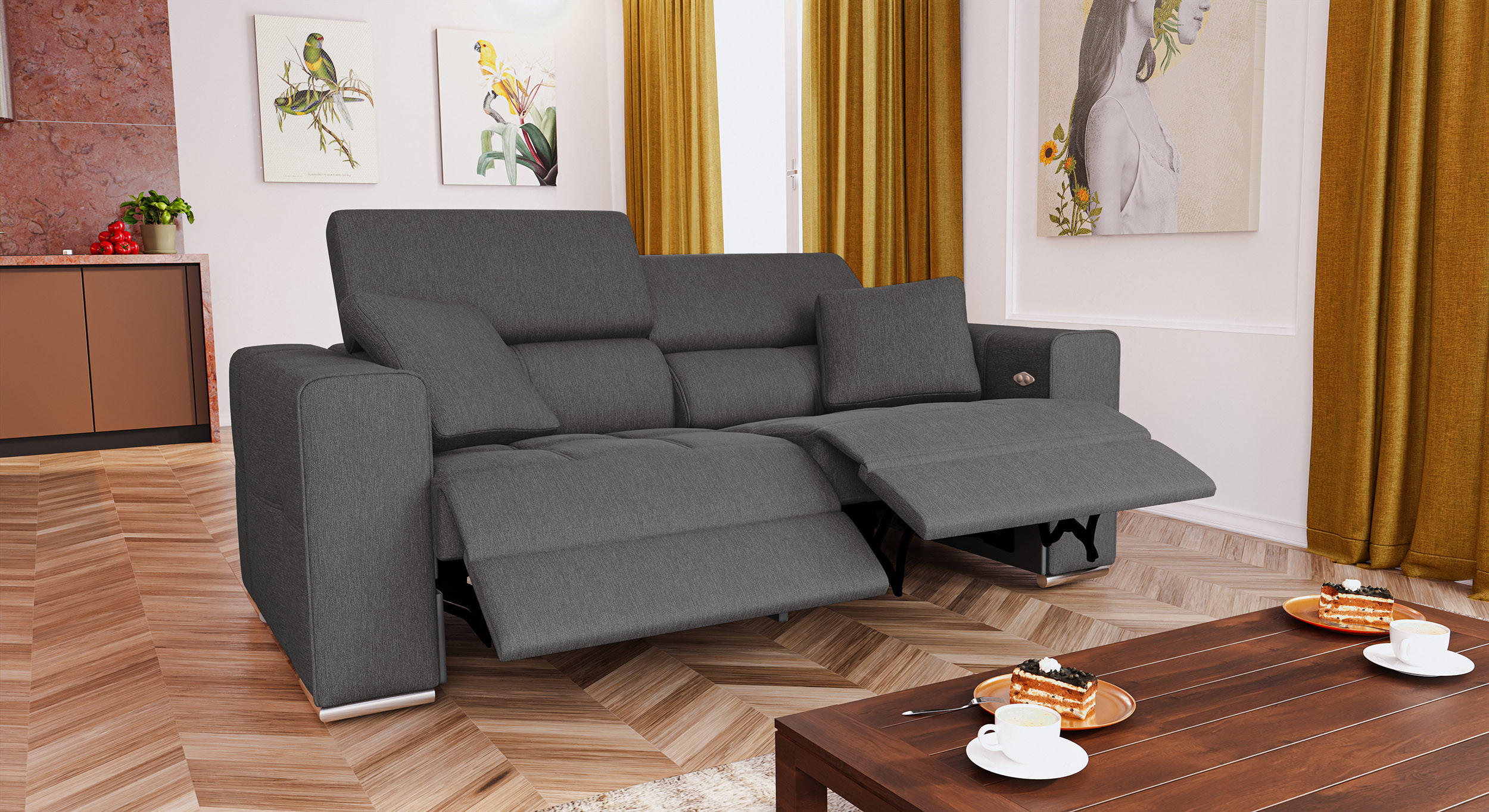 SOFA QUARTZ 3-Sitzer mit 2 Relaxfunktionen, dunkelgrau - Dunkelgrau/Silberfarben, Holzwerkstoff/Textil (204/80/102cm) - Courtois Laville