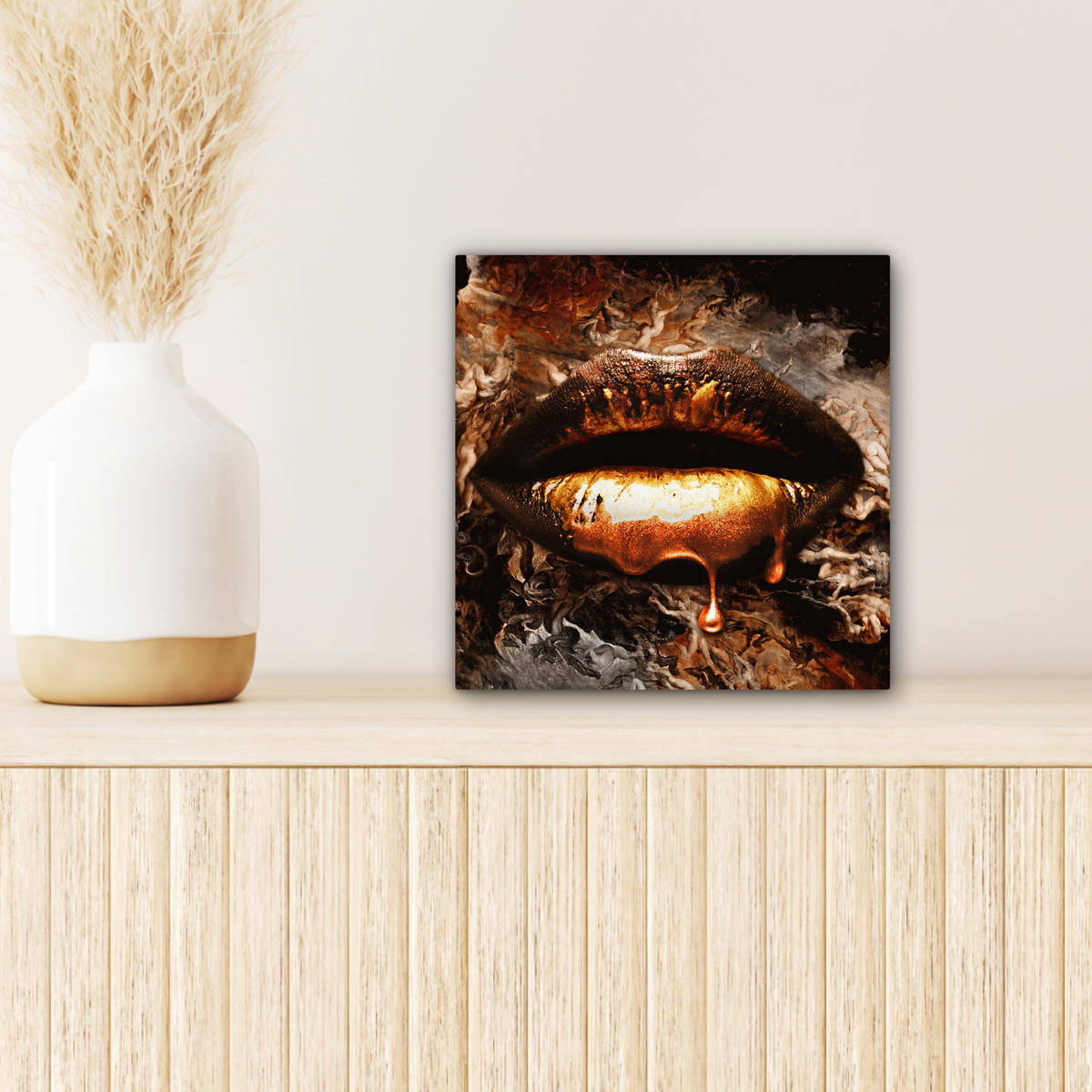 LEINWANDBILD Gold - Lippen - Kunst - Gold - Luxus - Abstrakt 20x20 cm - Kupferfarben, Textil (20/20cm) - MuchoWow