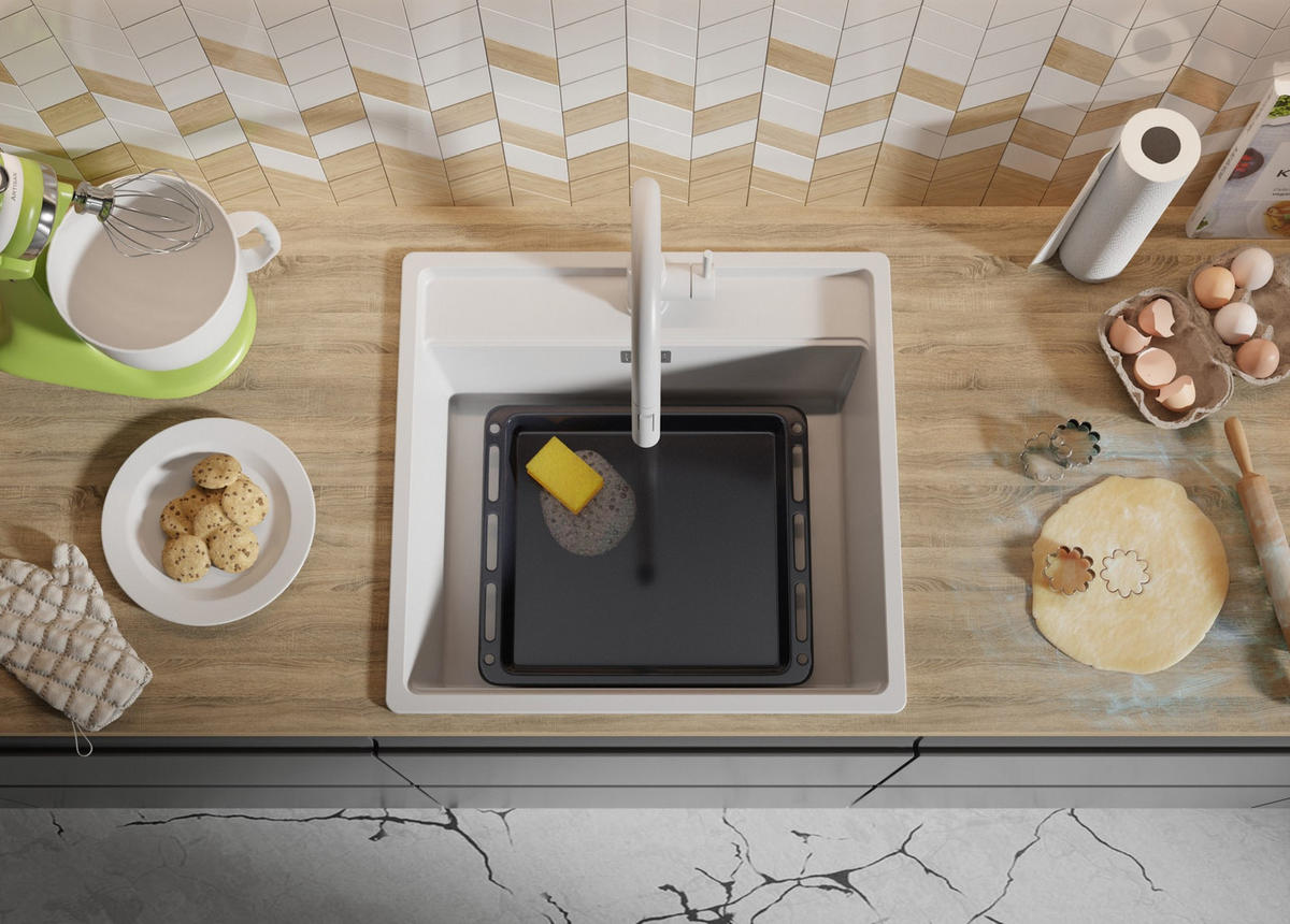 GRANITSPÜLE Bergen, 2-er set Alles Weiß 56/53 cm 1 Becken + Küchenarmatur 40/20 cm + Ablauf-Set + Schneidebrett ab 60er Unterschrank - Beige/Weiß, Kunststoff (56/20/53cm) - Primagran