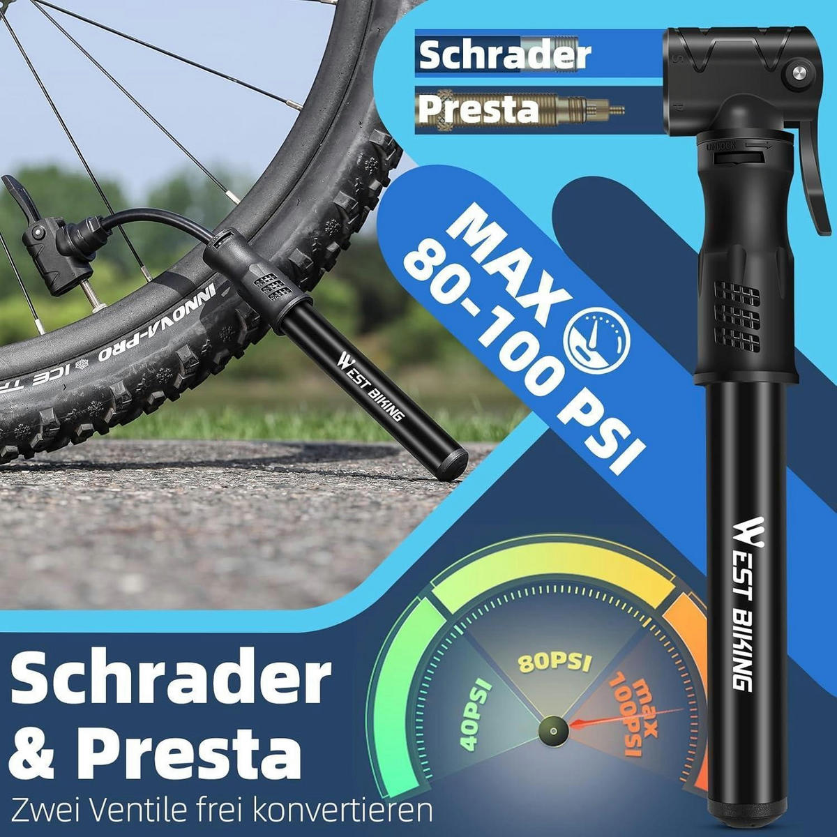 FAHRRADPUMPE Mini Aluminium für alle Ventile Schwarz - Schwarz, Metall (4.3/22.5/22.5cm)
