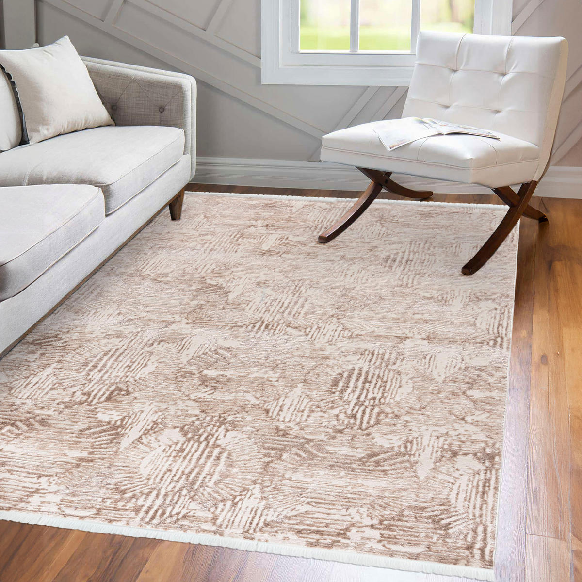 TEPPICH Beige Modern Geometrisch - Rechteckig mit Fransen, Abstrakt - 140 x 200 cm - Beige/Creme, Textil (140/200cm) - Mazovia