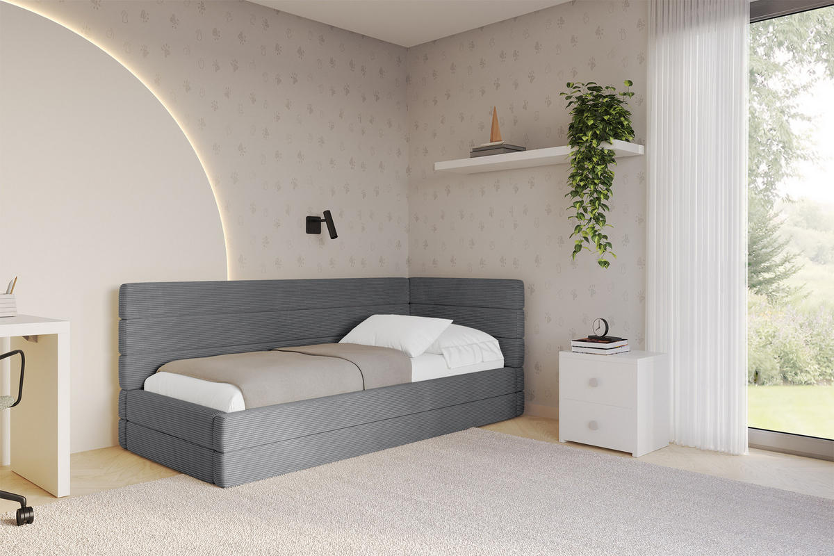 EINZELLBETT Jugendbett mit Bettkasten, Links - BEMY 90x200 Dunkelgrau - Graphitfarben, Holzwerkstoff/Textil (90/200cm) - ALTDECOR