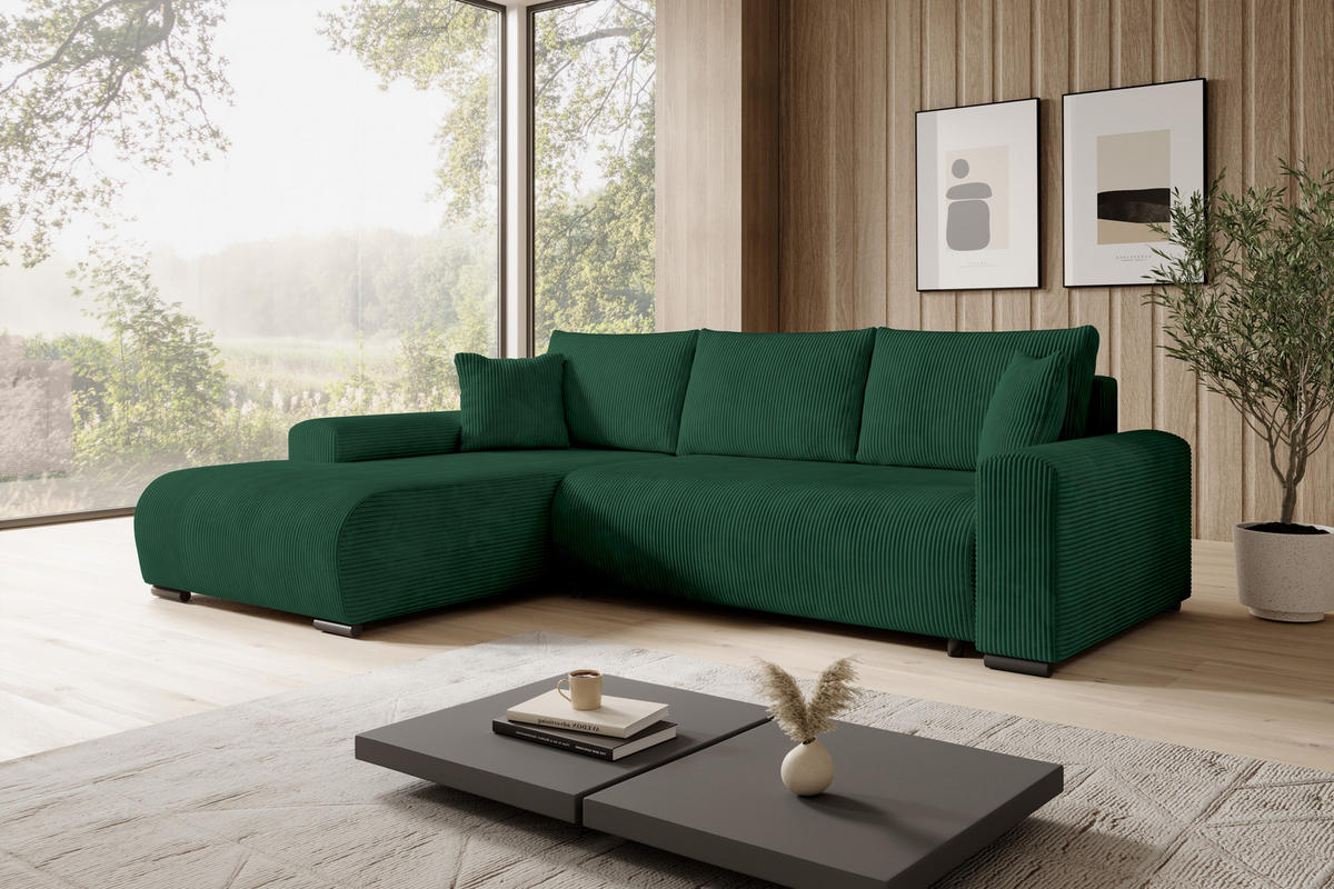 ECKSOFA Nelly mit Bettkasten und Schlaffunktion, Cordstoff in L-Form - Grün, Textil (270/185cm)