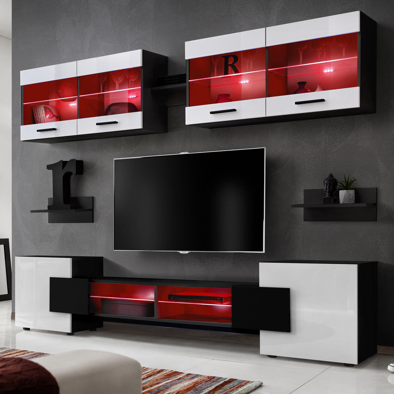 WOHNZIMMERSET Foggia, 6er-Set, Schwarz, Front Hochglanz Weiß, LED Mehrfarbige - Schwarz/Weiß, Glas/Holzwerkstoff (230/190/45cm) - Komodee