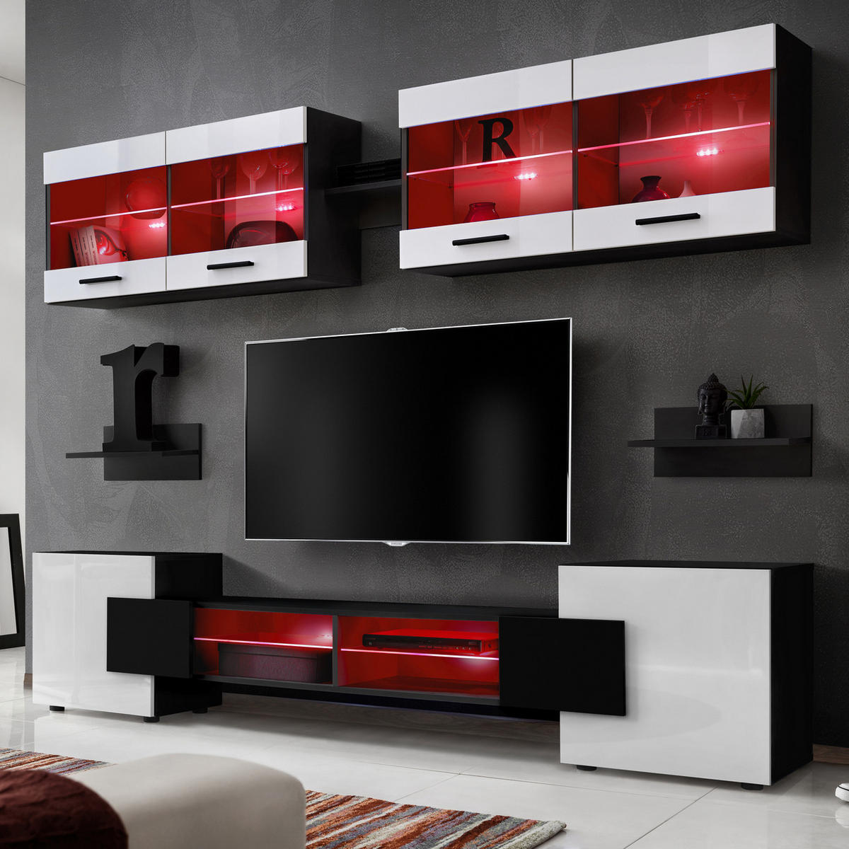 WOHNZIMMERSET Foggia, 6er-Set, Schwarz, Front Hochglanz Weiß, LED Mehrfarbige - Schwarz/Weiß, Glas/Holzwerkstoff (230/190/45cm) - Komodee