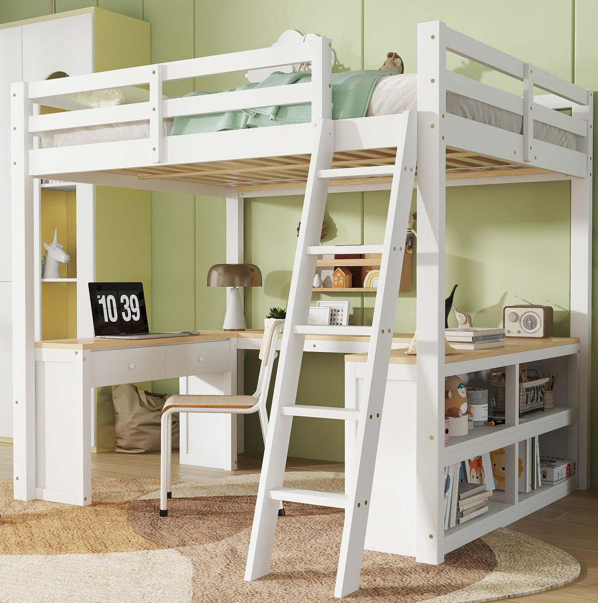 HOCHBETT 140/200 cm aus Kiefer und MDF mit U-förmigem Langtisch Weiß/Natur - Weiß, Holzwerkstoff (140/200cm) - Modenvie