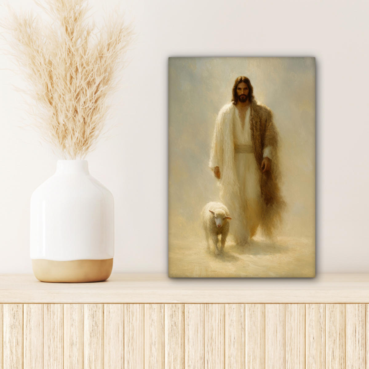 LEINWANDBILD Schaf - Jesus - Pinselstriche - Abstrakt Deko Wohnzimmer 20x30 cm - Sandfarben, Textil (20/30cm) - MuchoWow