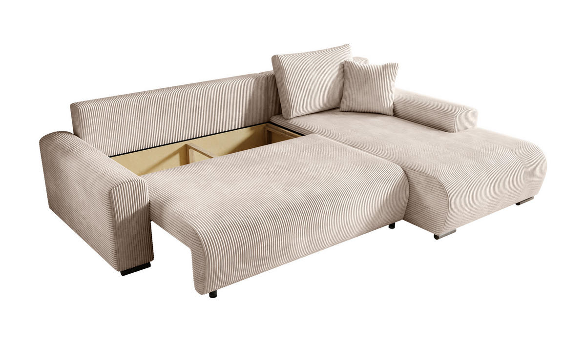 ECKSOFA Nelly mit Bettkasten und Schlaffunktion, Cordstoff in L-Form - Creme, Textil (270/185cm)