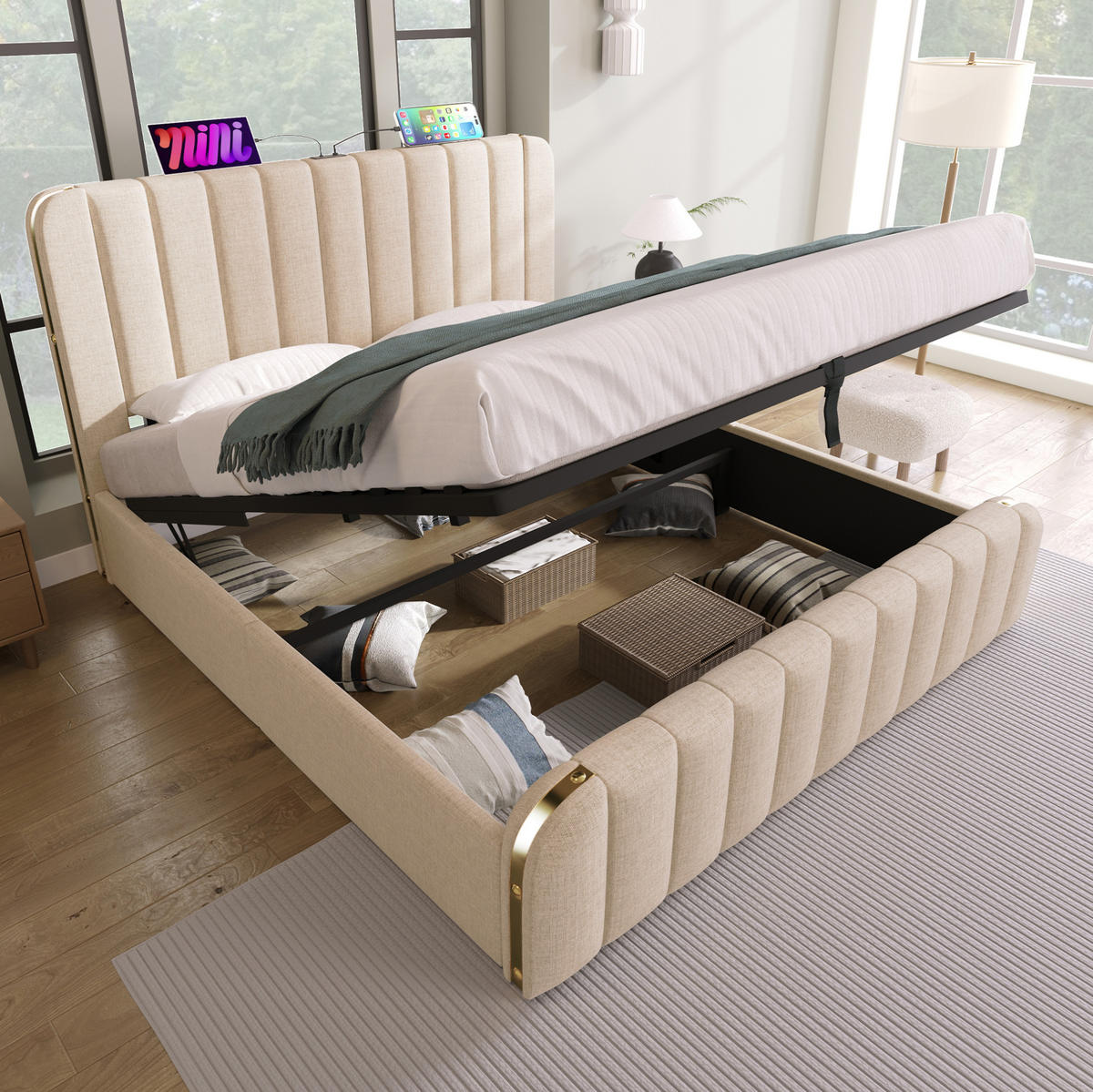 POLSTERBETT 140/200 cm mit Bettkasten, USB-C und gepolstertem Kopfteil - Beige, Textil (140/200cm) - BEAOK