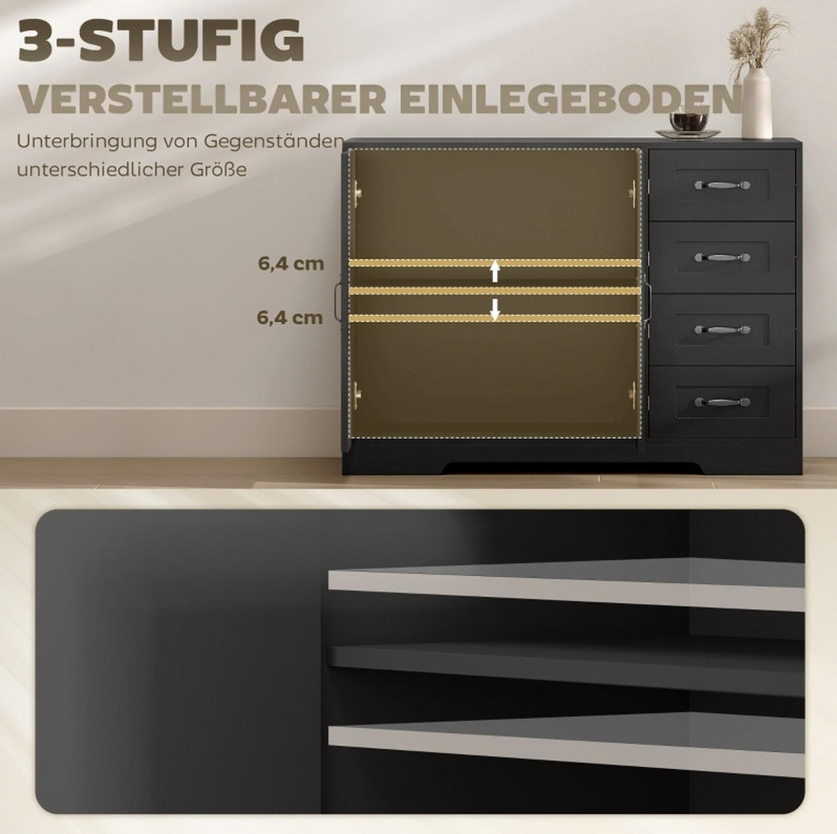 SIDEBOARD 105/40/76 cm aus Holzwerkstoff mit 4 Schubladen und verstellbarem Einlegeboden Schwarz - Schwarz, Holz (105/76/40cm) - Modenvie