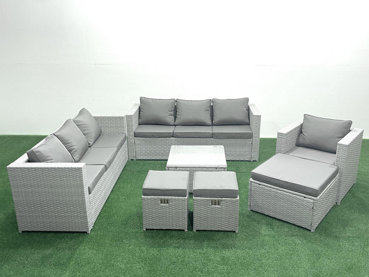GARTENMÖBEL-SET mit Kissen Polyrattan Hellgrau-Mix 10-Sitzer - Hellgrau/Grau, Glas/Kunststoff - Fimous