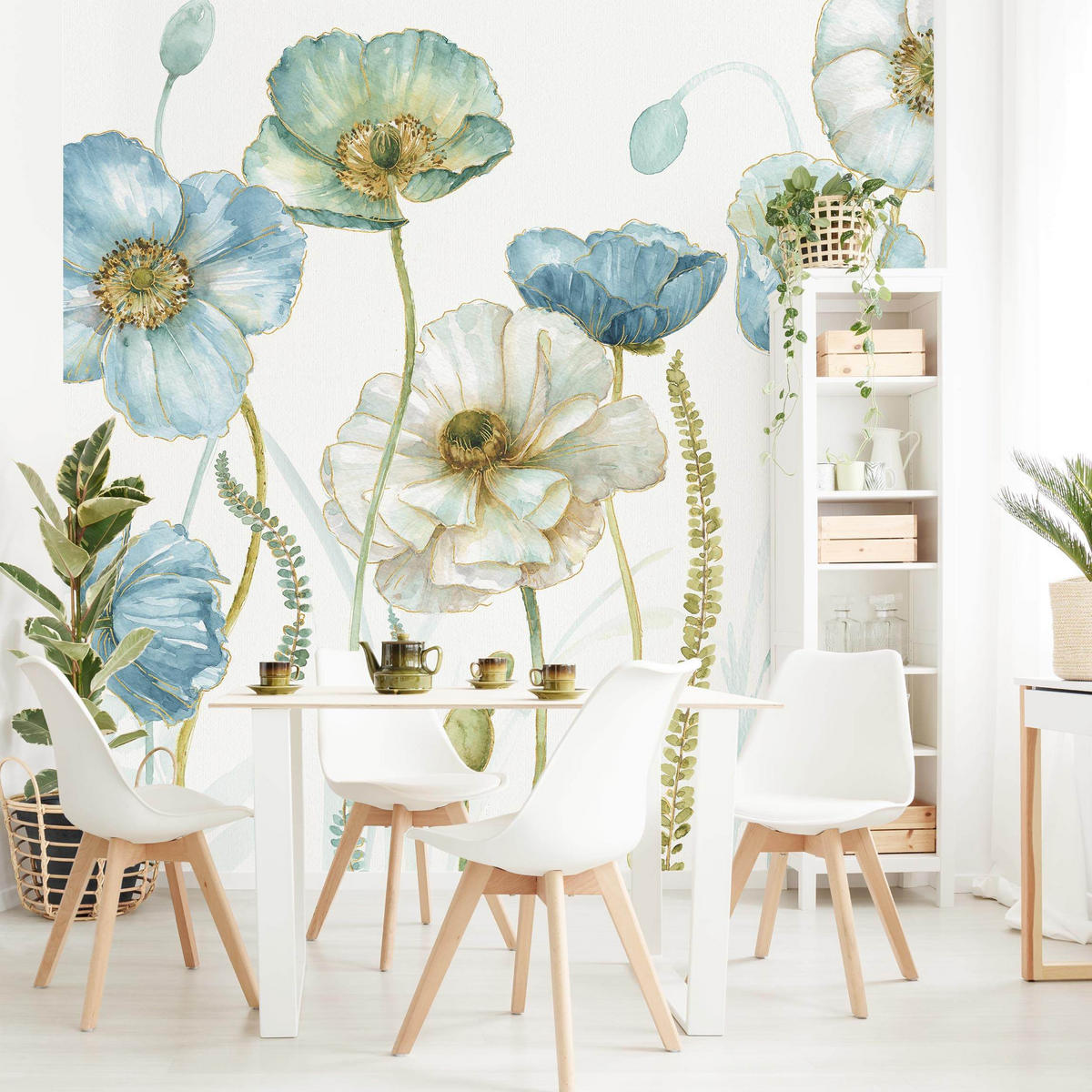 FOTOTAPETE Blüten in Gold und Blau 288/288 cm - Pastellblau, Papier (288/288cm) - Bilderwelten