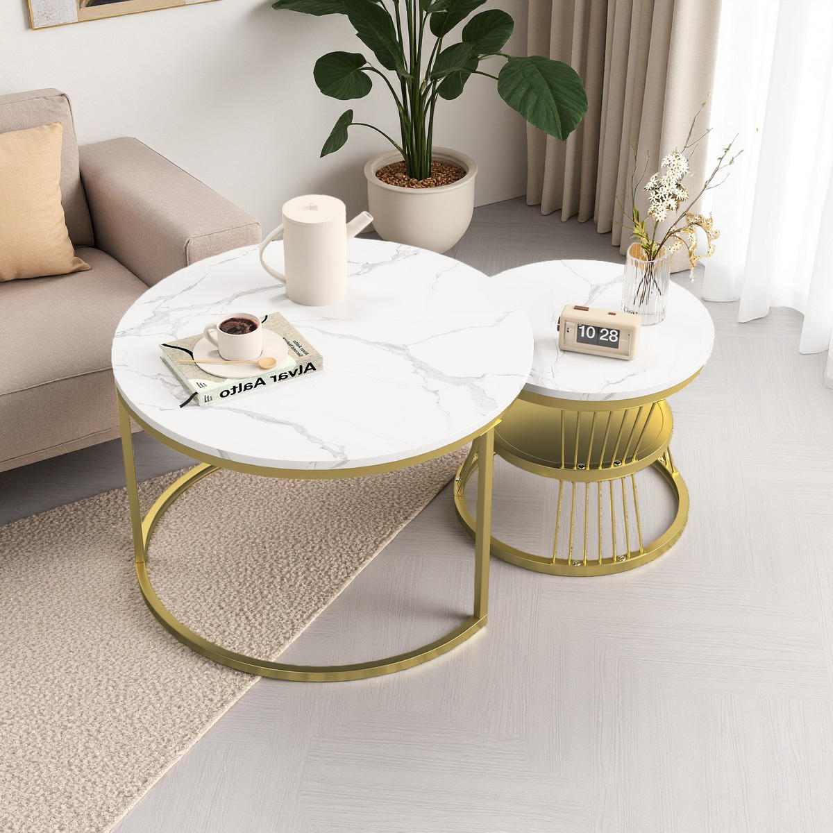 COUCHTISCH-SET Marmoroptik Weiß, Metallgestell Gold, 2er Set - Goldfarben/Weiß, Metall (70/70/45.5cm) - SHOPENTRA