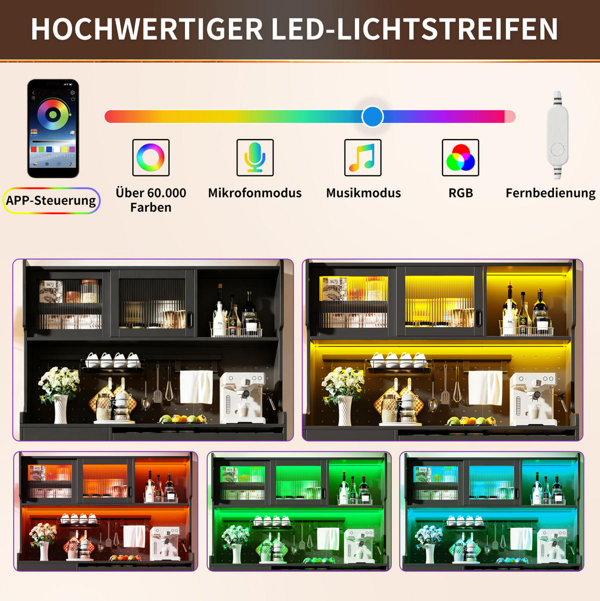 BUFFET 145/39/171 cm aus MDF mit LED-Lichtleiste Schwarz - Schwarz, Holzwerkstoff (145/171/39cm) - Modenvie