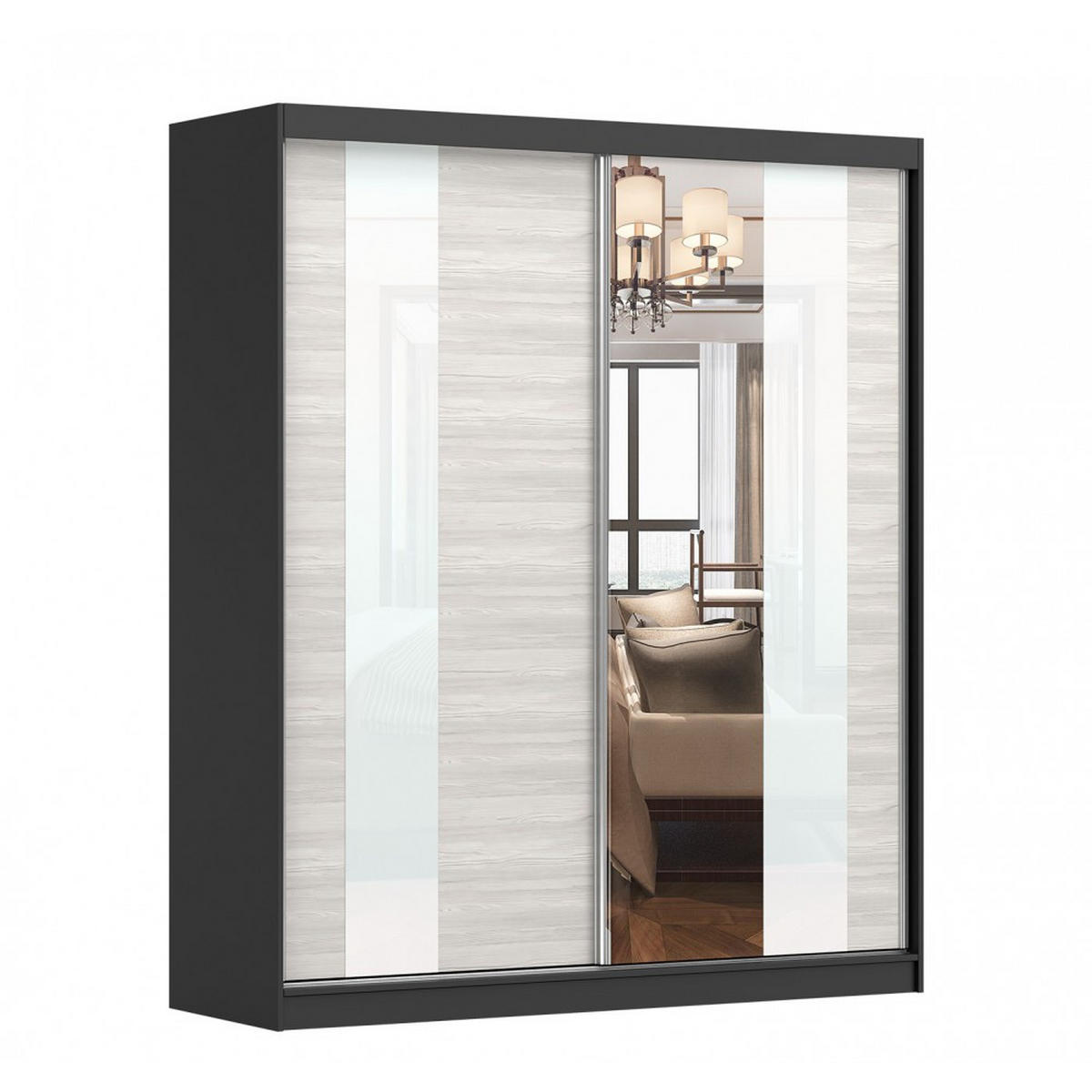 SCHWEBETÜRENSCHRANK MULTI 32 Sonoma Eiche/Kathult Weiß, ohne LED Beleuchtung 203 cm - Alufarben/Schwarz, Glas/Holzwerkstoff (183/218/61cm) - imoebel24
