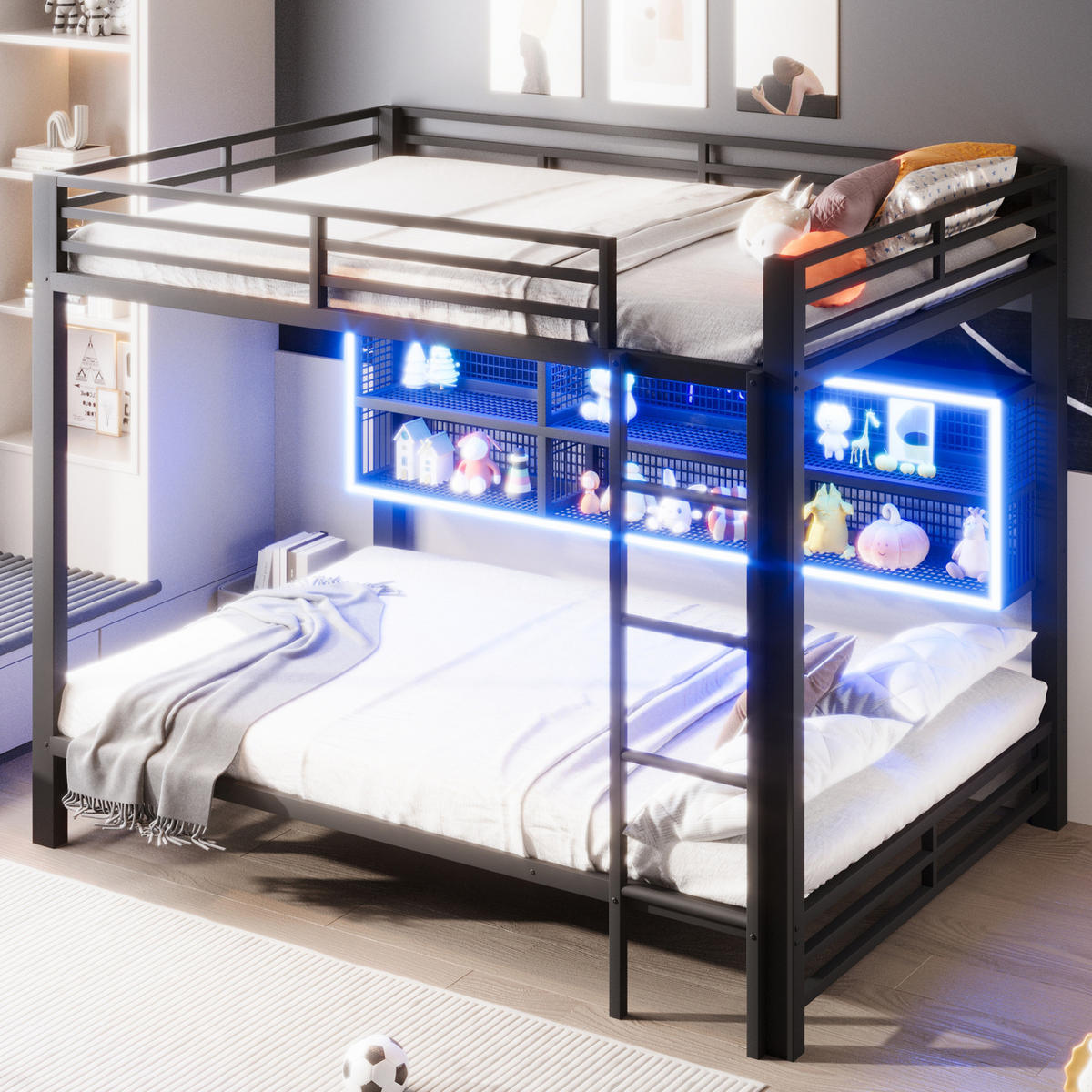 ETAGENBETT aus Metall 140x200 cm Schwarz mit 6 Stauraumschränken, Schutzgittern und LED-Beleuchtung - Schwarz, Metall (140/200cm) - Modfu