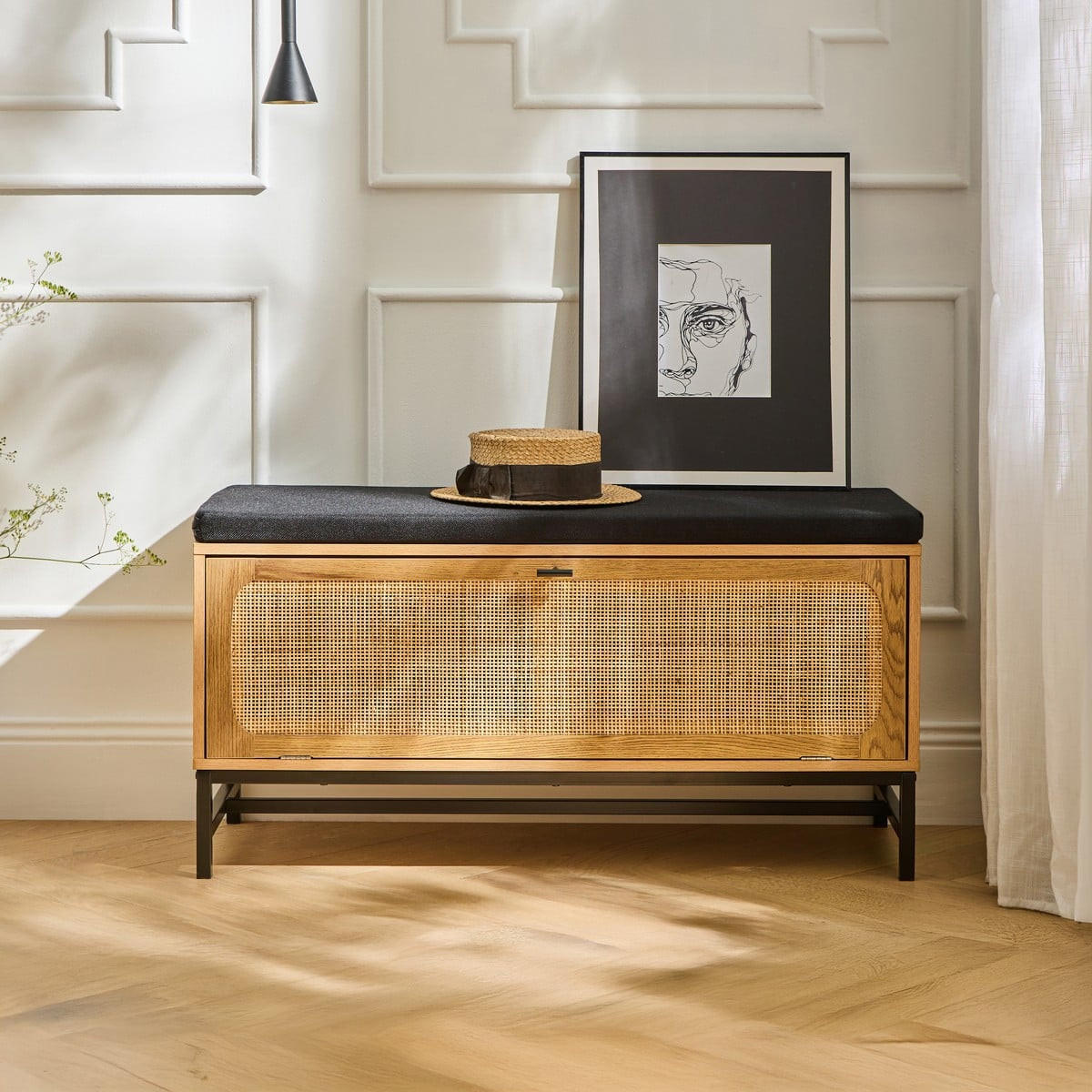 BANK mit Schuhablage und Rattanfront - L100 cm - Apfelbaumfarben, Holzwerkstoff (38/47/100cm) - Calicosy