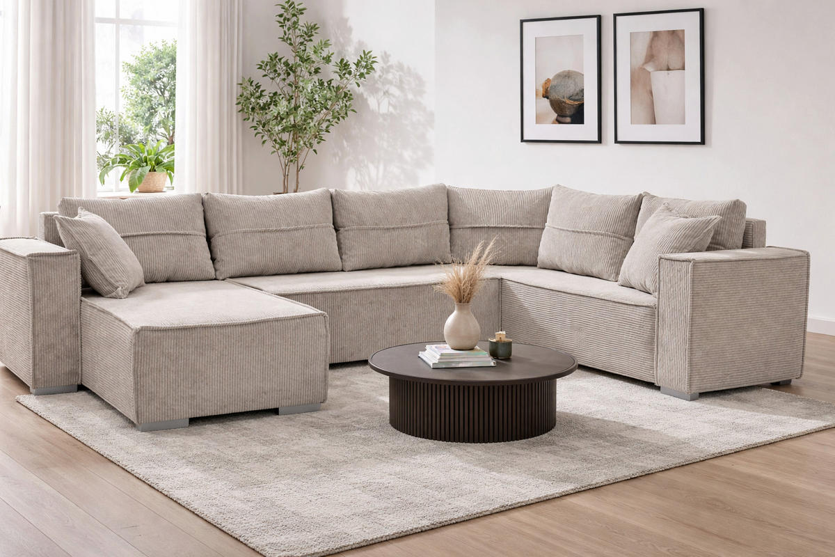 WOHNLANDSCHAFT STYLO U-Form mit Schlaffunktion Bettkasten Cordstoff Poso Beige - Beige, Kunststoff (315/90/215cm) - Wohnideebilder